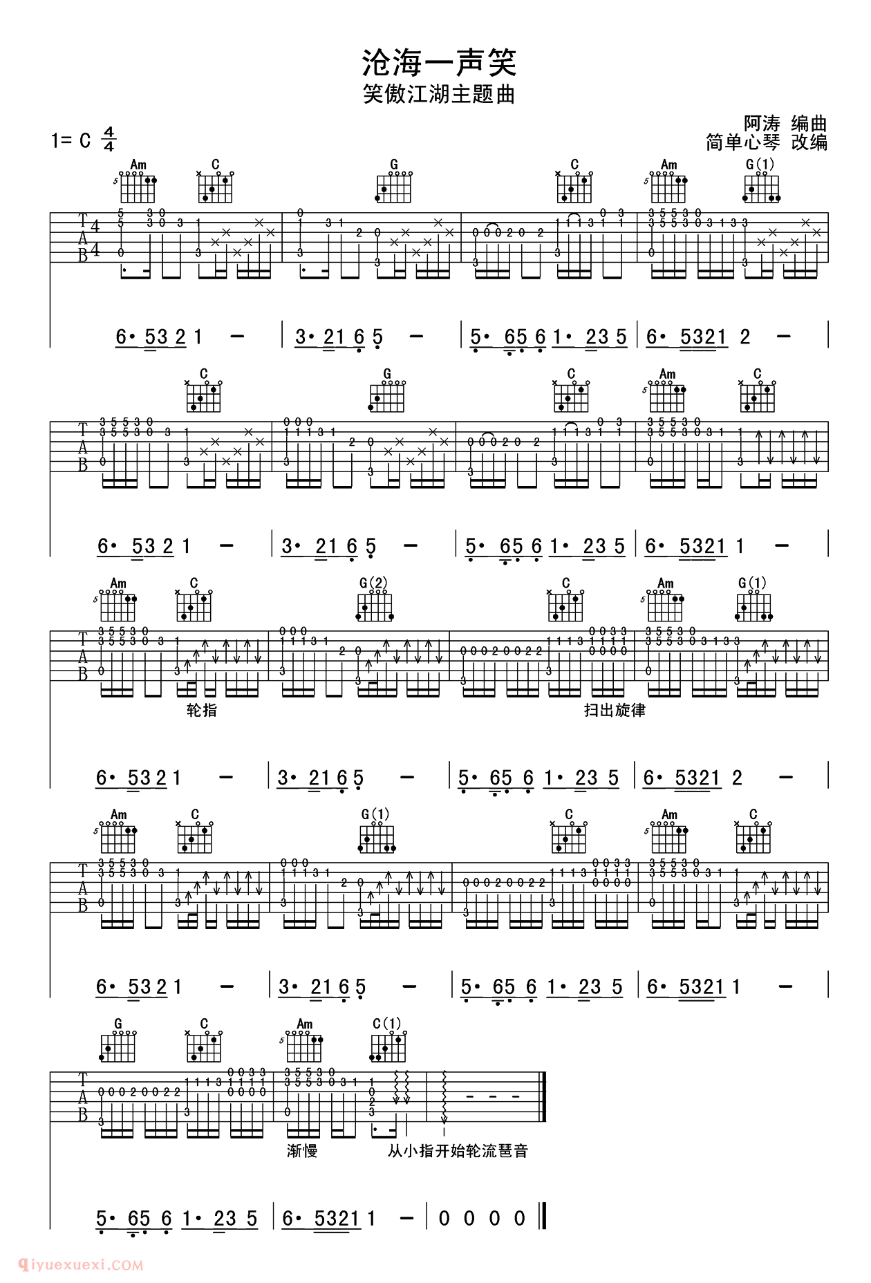 简单心琴吉他指弹《沧海一声笑》附指弹谱