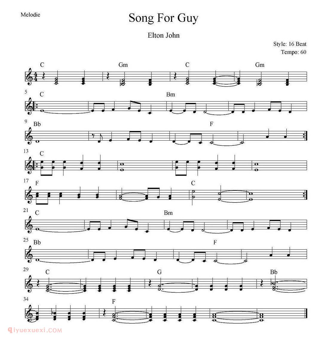 电子琴歌谱【Song for Guy】五线谱