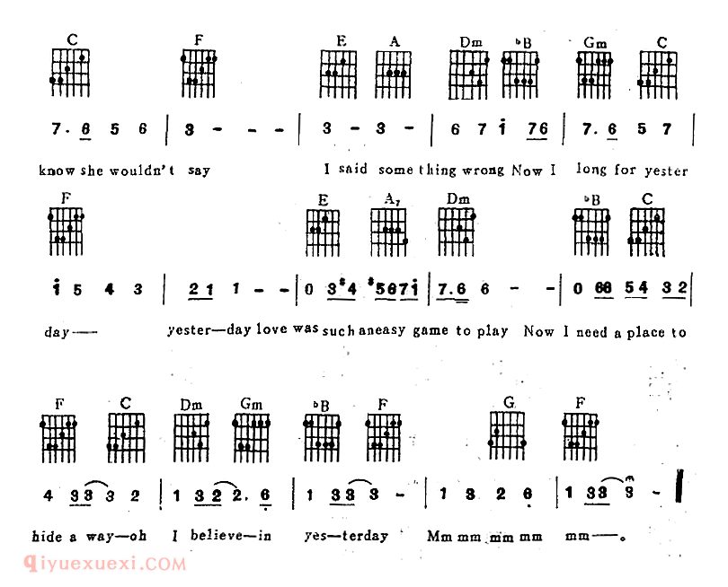电子琴乐谱【YESTERDAY】弹唱谱