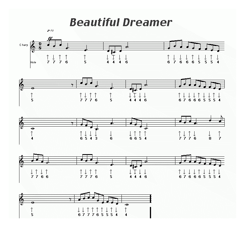 布鲁斯口琴乐谱【Beautiful Dreamer 美丽的梦神】简谱