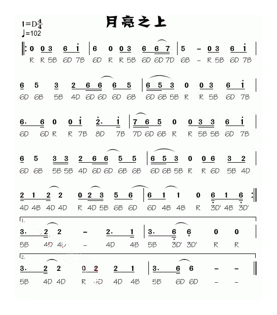 复音口琴谱【月亮之上】五重奏简谱