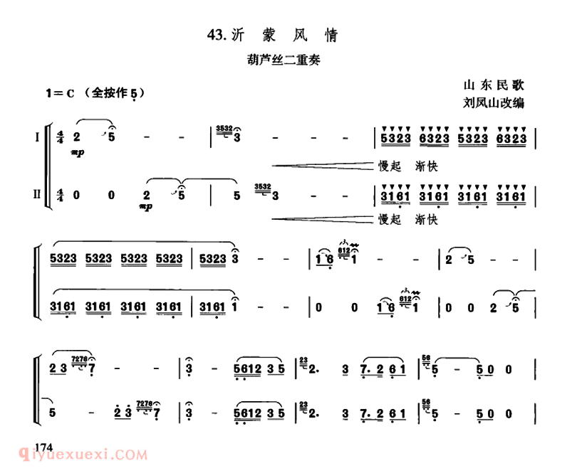 葫芦丝名曲【沂蒙风情 二重奏】简谱