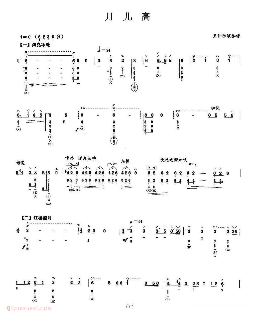 琵琶乐谱【月儿高】简谱