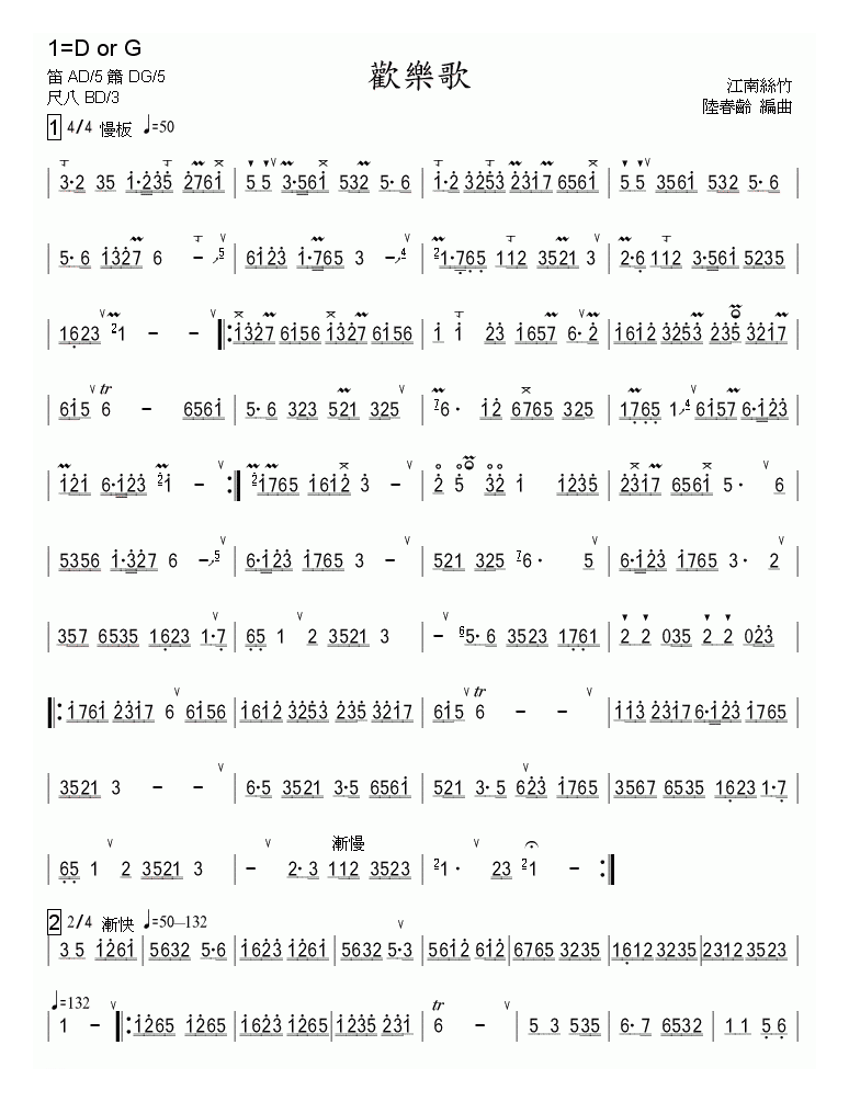 洞箫乐谱【欢乐歌】简谱