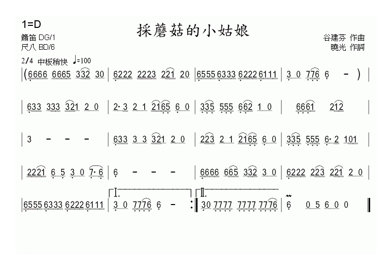 洞箫乐曲【采蘑菇的小姑娘】简谱