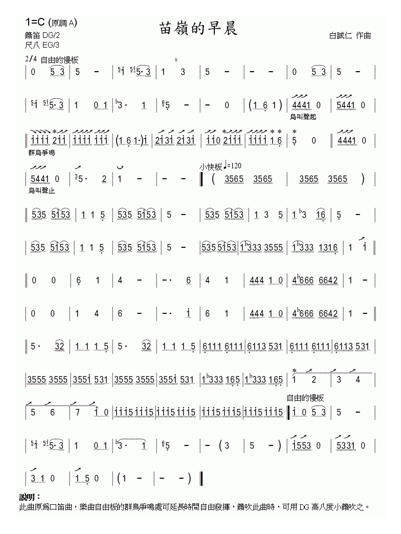 洞箫乐曲【苗岭的早晨】简谱