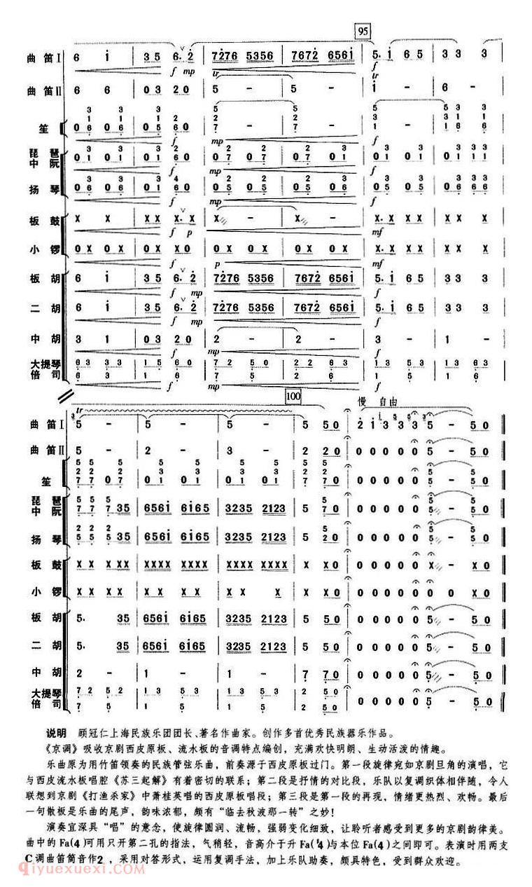竹笛乐曲【京调 曲笛二重奏/乐队伴奏总谱】简谱