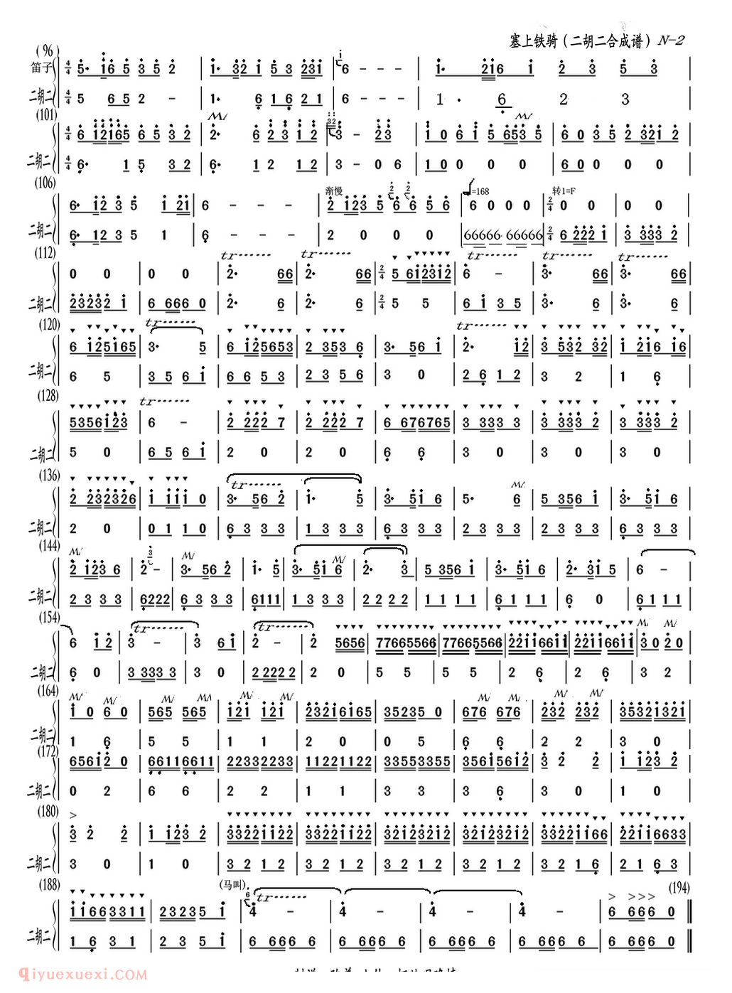 竹笛乐曲【塞上铁骑 二胡与笛子主旋合成谱】简谱