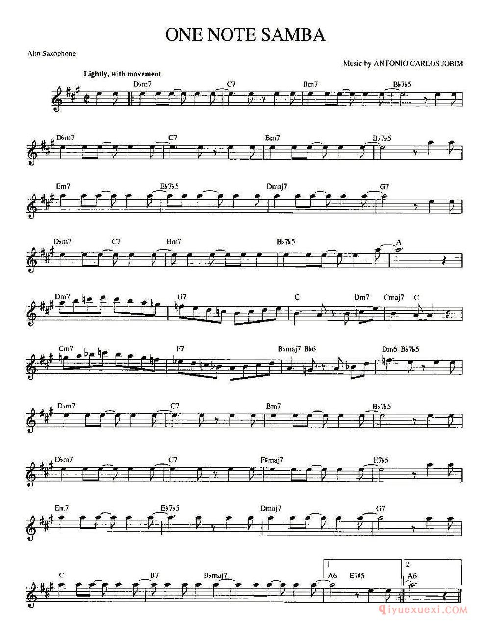萨克斯谱【ONE NOTE SAMBA】五线谱