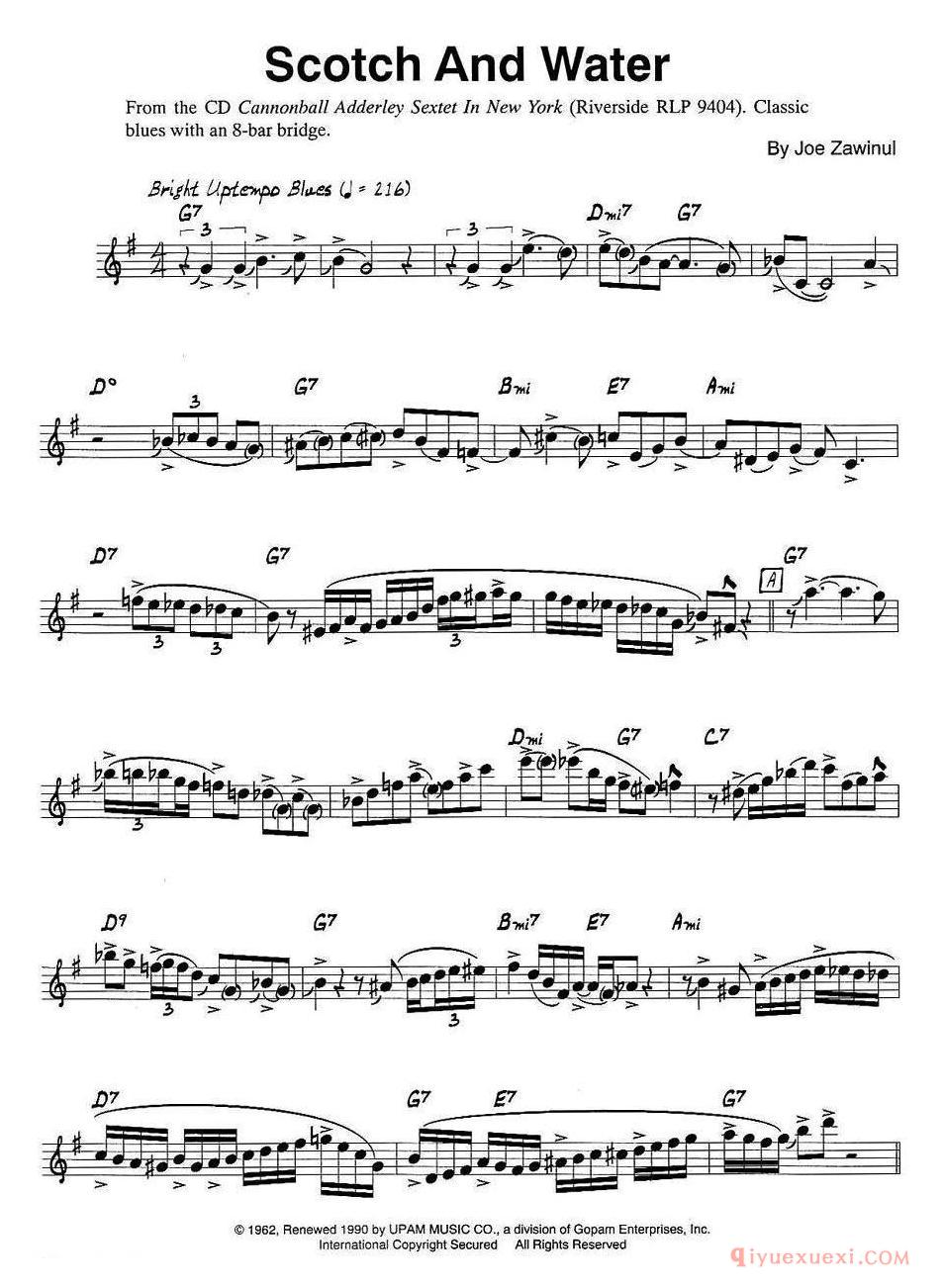 萨克斯谱【Scotch And Water】五线谱