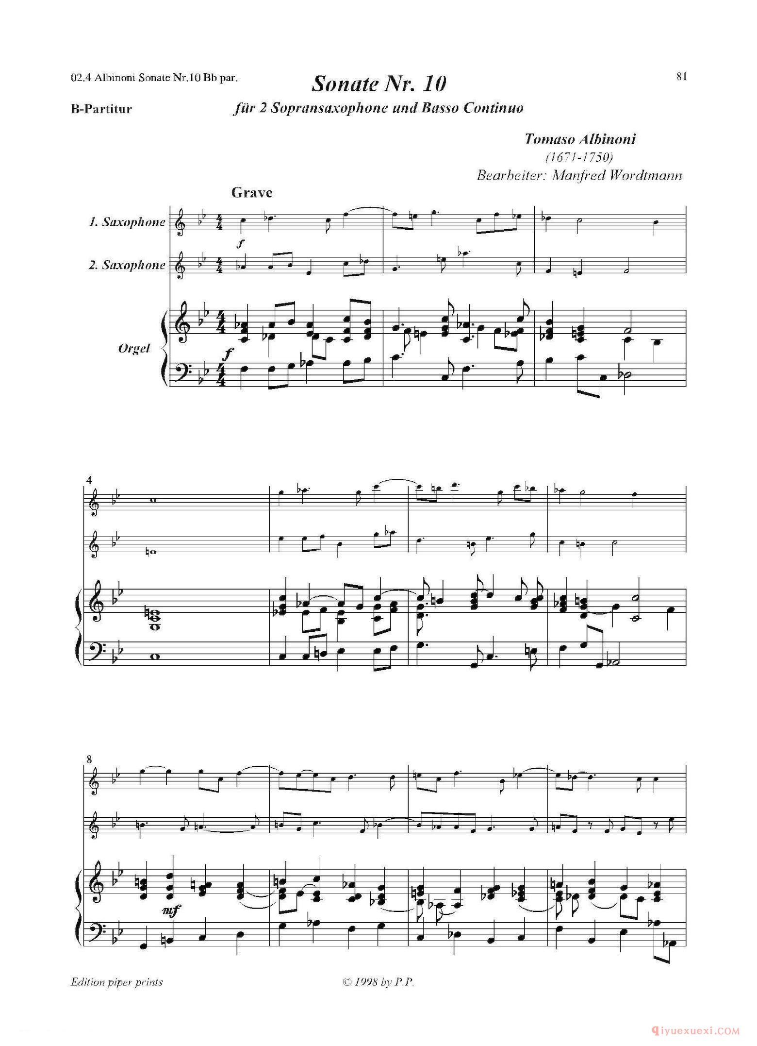 次中音萨克斯二重奏【Sonate Nr.10+管风琴】五线谱