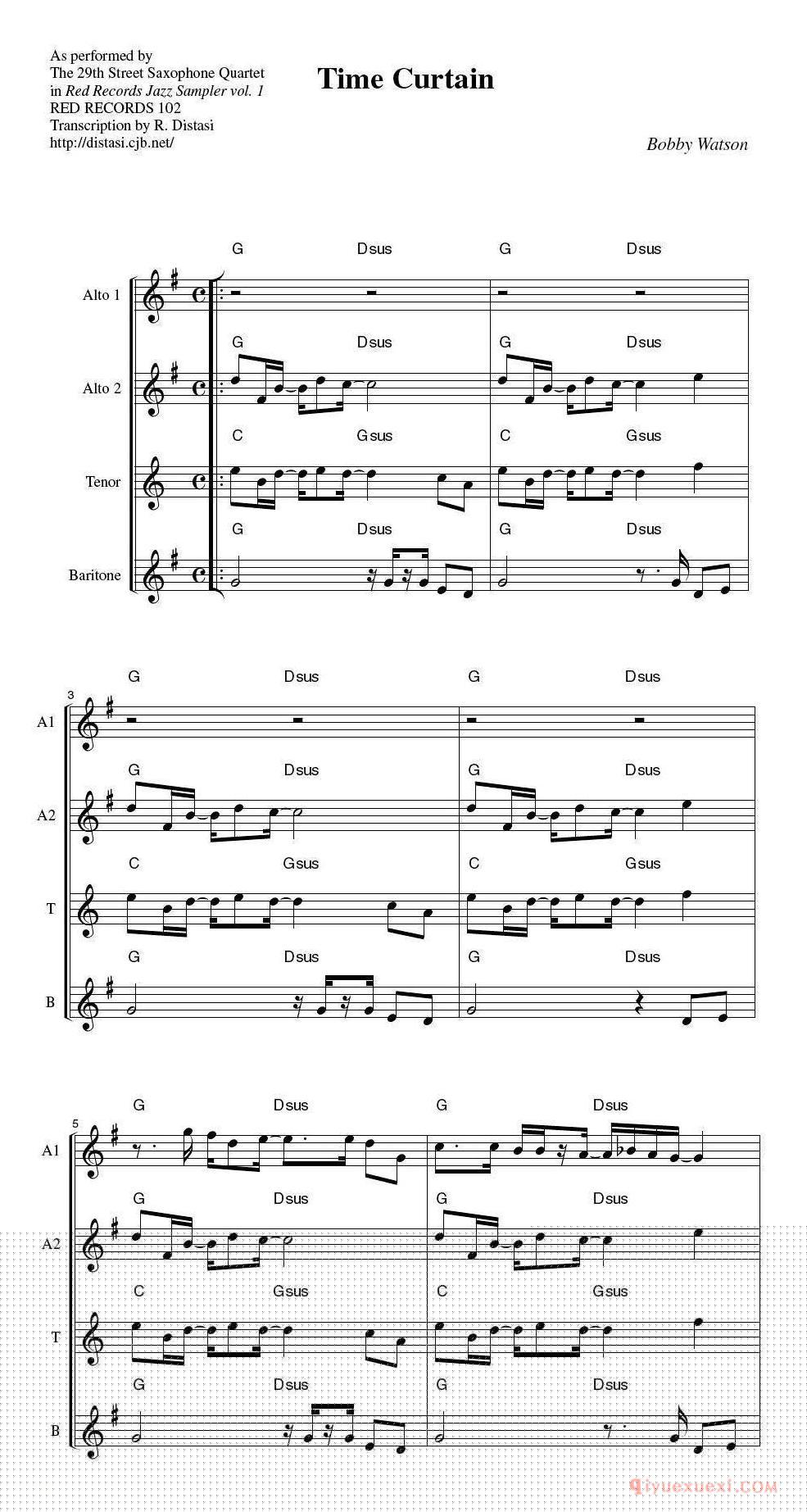 萨克斯谱《29th Street Saxophone Quartet - Time curtain 四重奏》五线谱