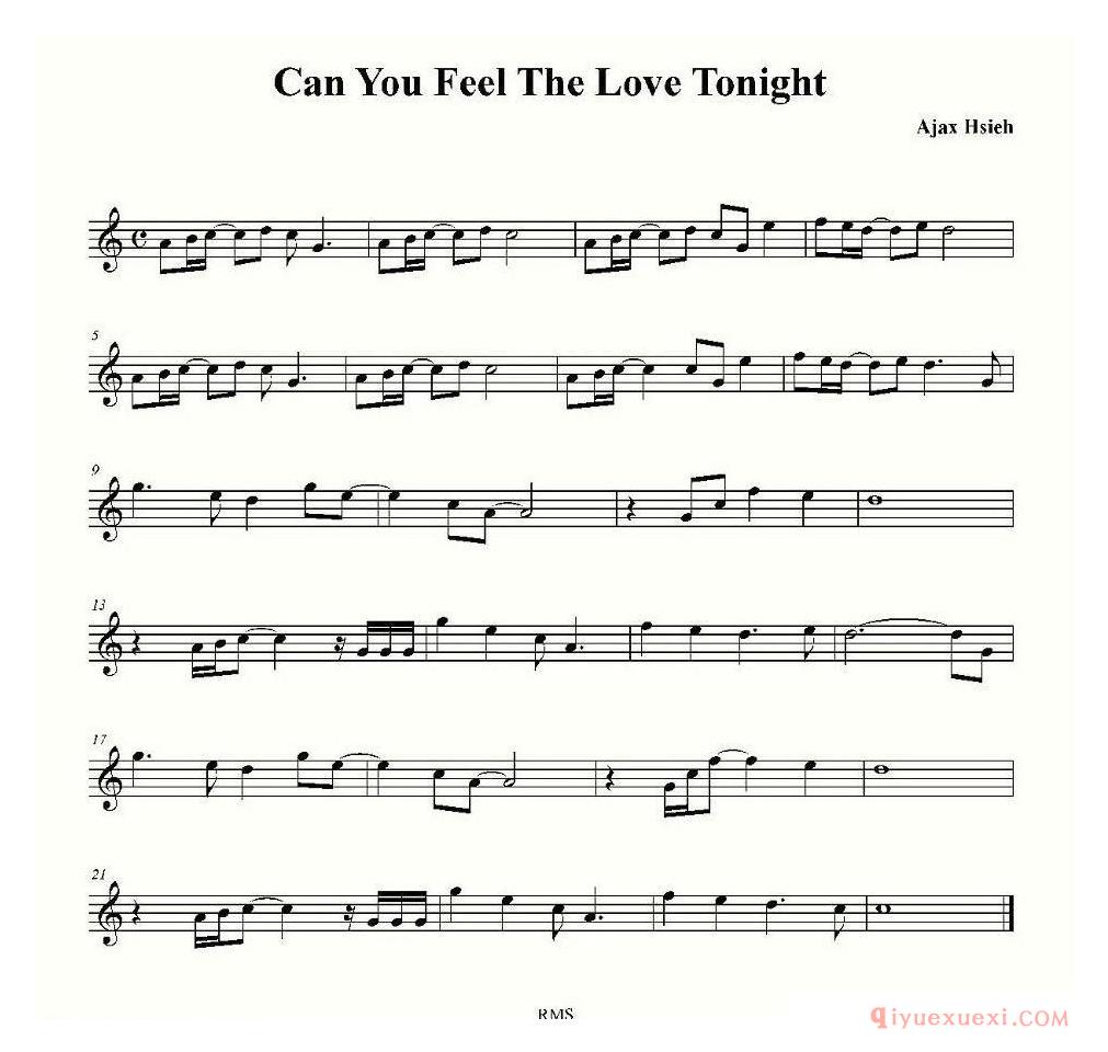 萨克斯谱《can you feel the love tonight》五线谱