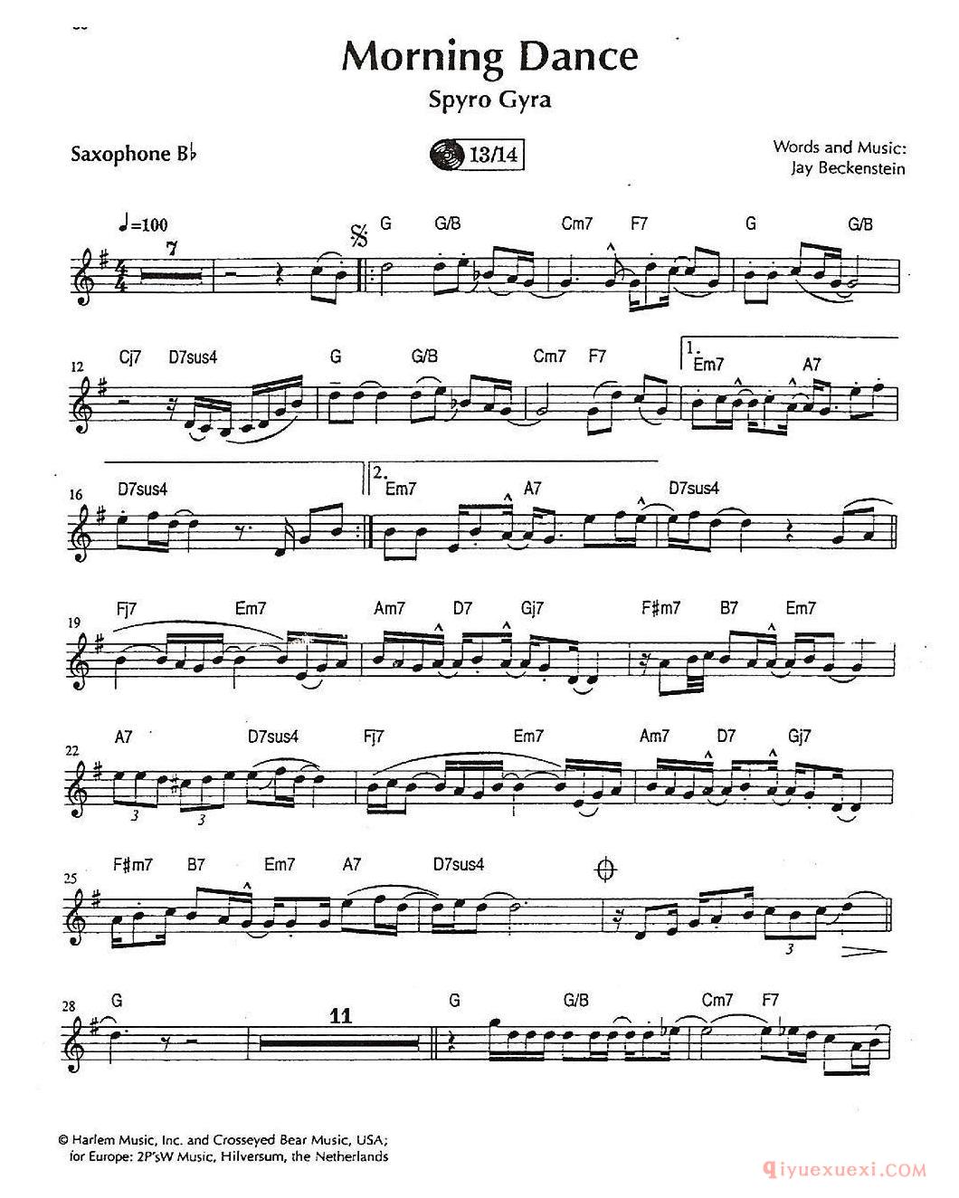 萨克斯谱《Morning Dance》五线谱