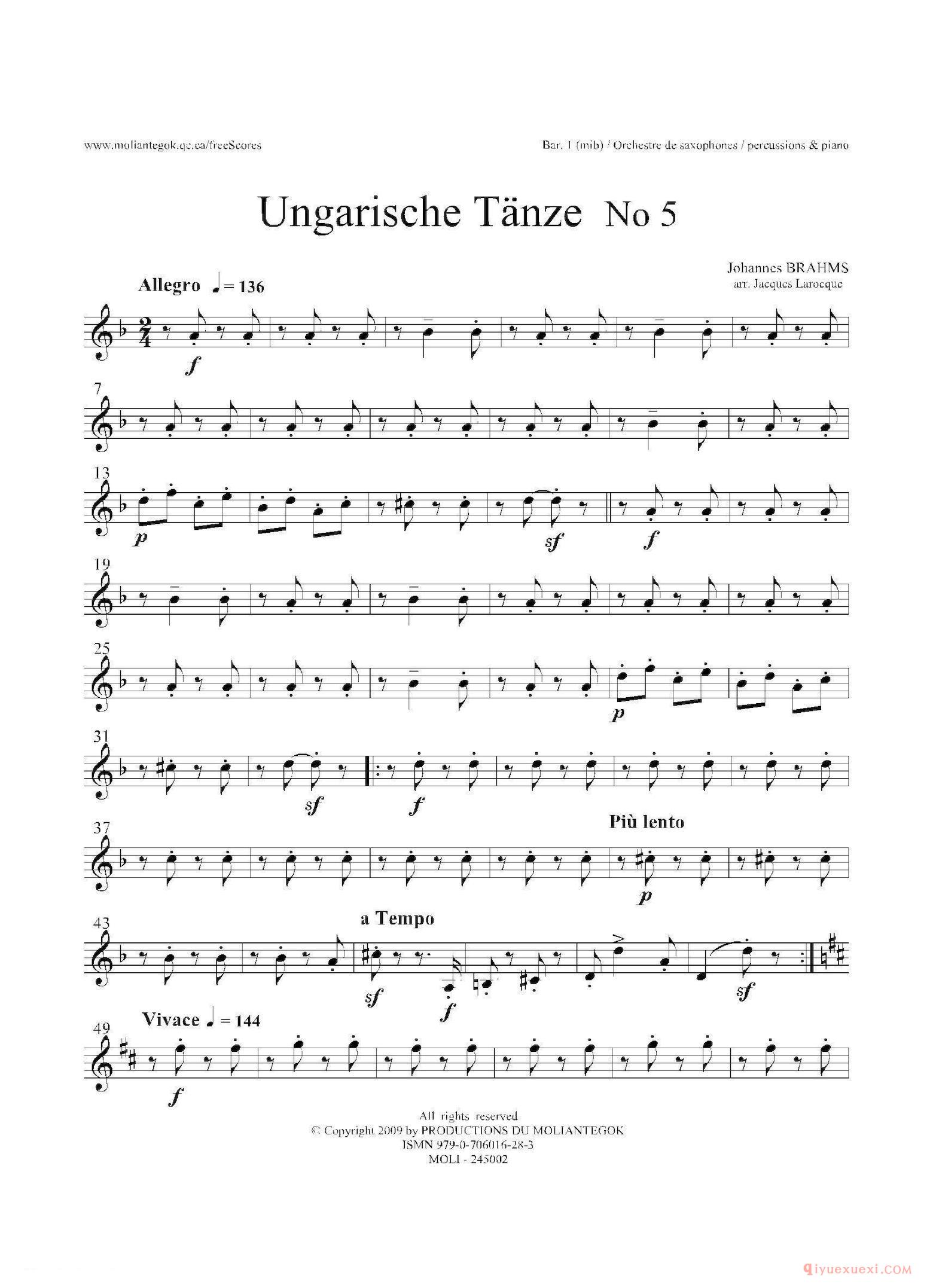 Ungarische Tnze No 5（十五重奏Bar.1-2-3分谱）