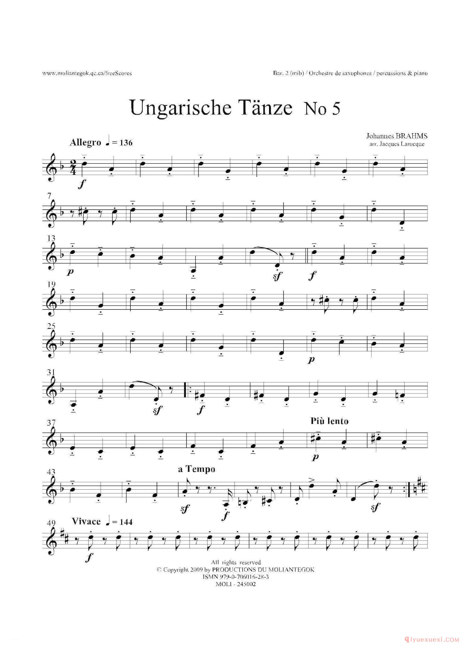 Ungarische Tnze No 5（十五重奏Bar.1-2-3分谱）