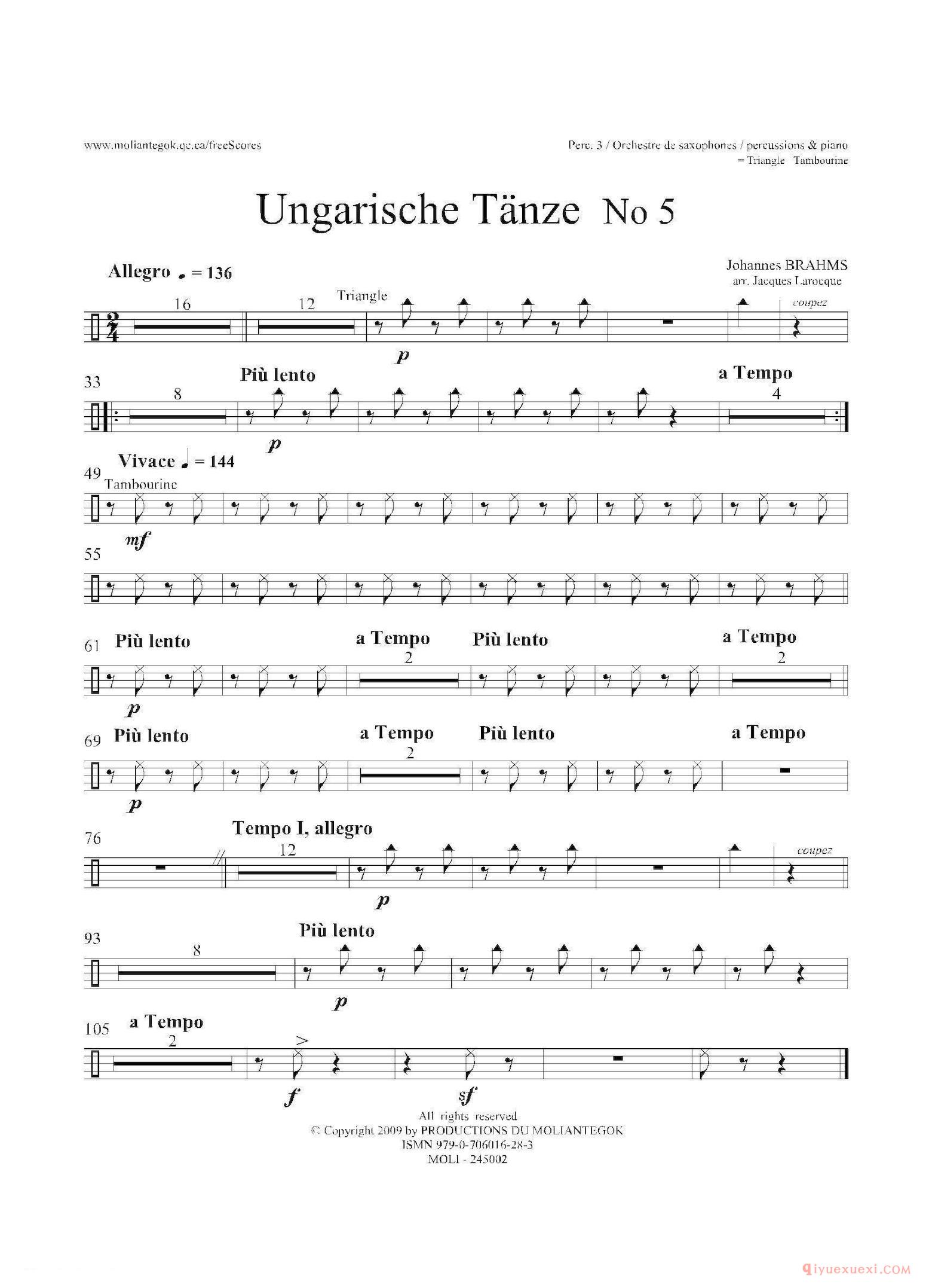 Ungarische Tnze No 5（十五重奏Perc.1-2-3-4-5​分谱）