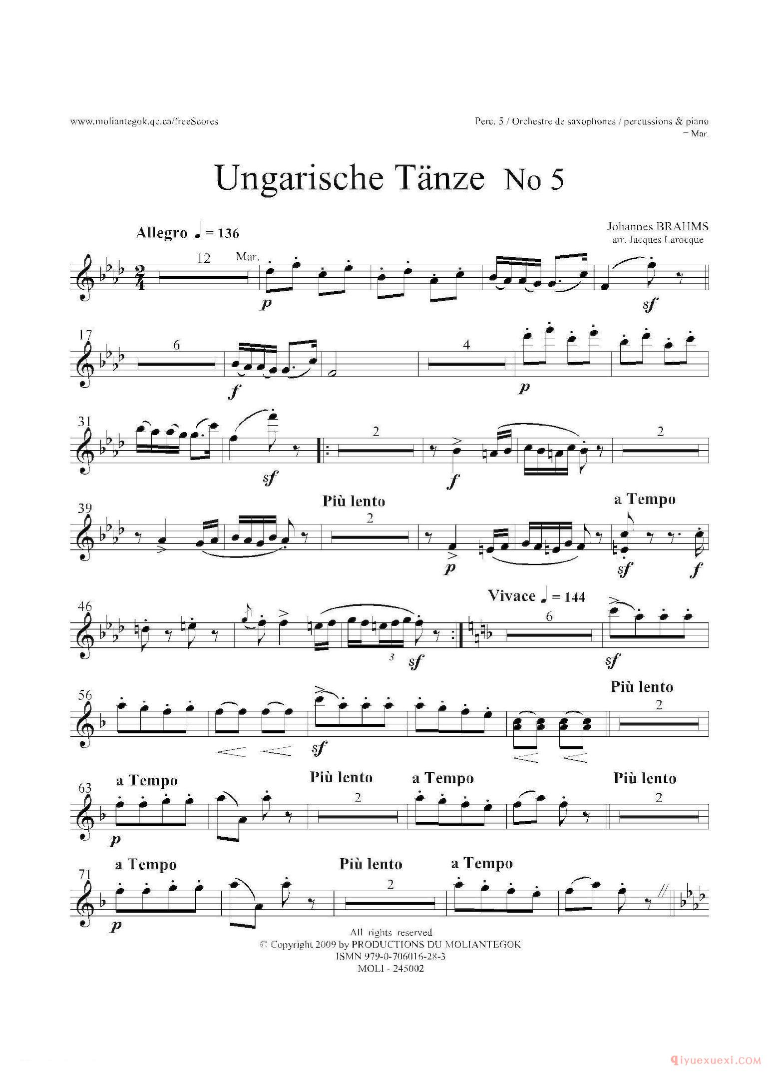 Ungarische Tnze No 5（十五重奏Perc.1-2-3-4-5​分谱）