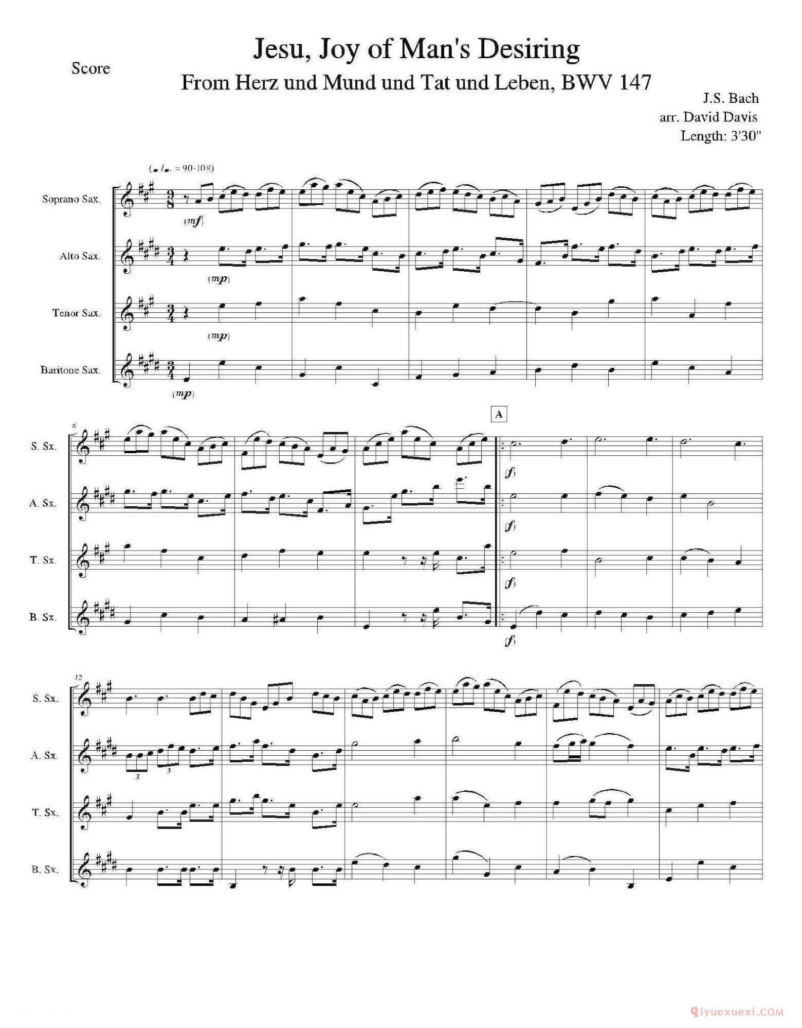 萨克斯乐谱[Jesu,Joy of Man's Desiring]四重奏