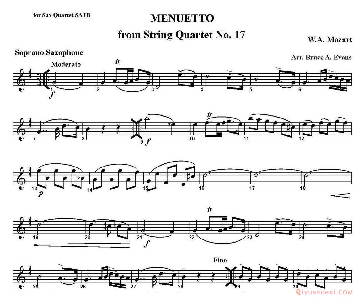 MENUETTO from String Quartet No.17（四重奏·高音萨克斯分谱）