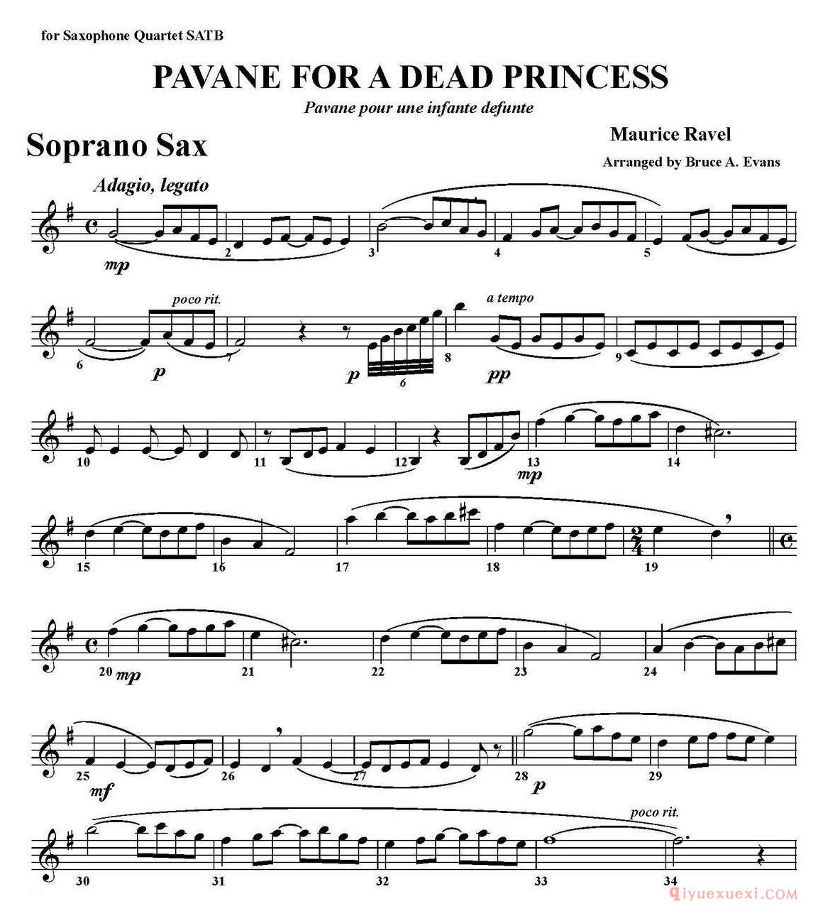 PAVANE FOR A DEAD PRINCESS（四重奏·高音萨克斯分谱）