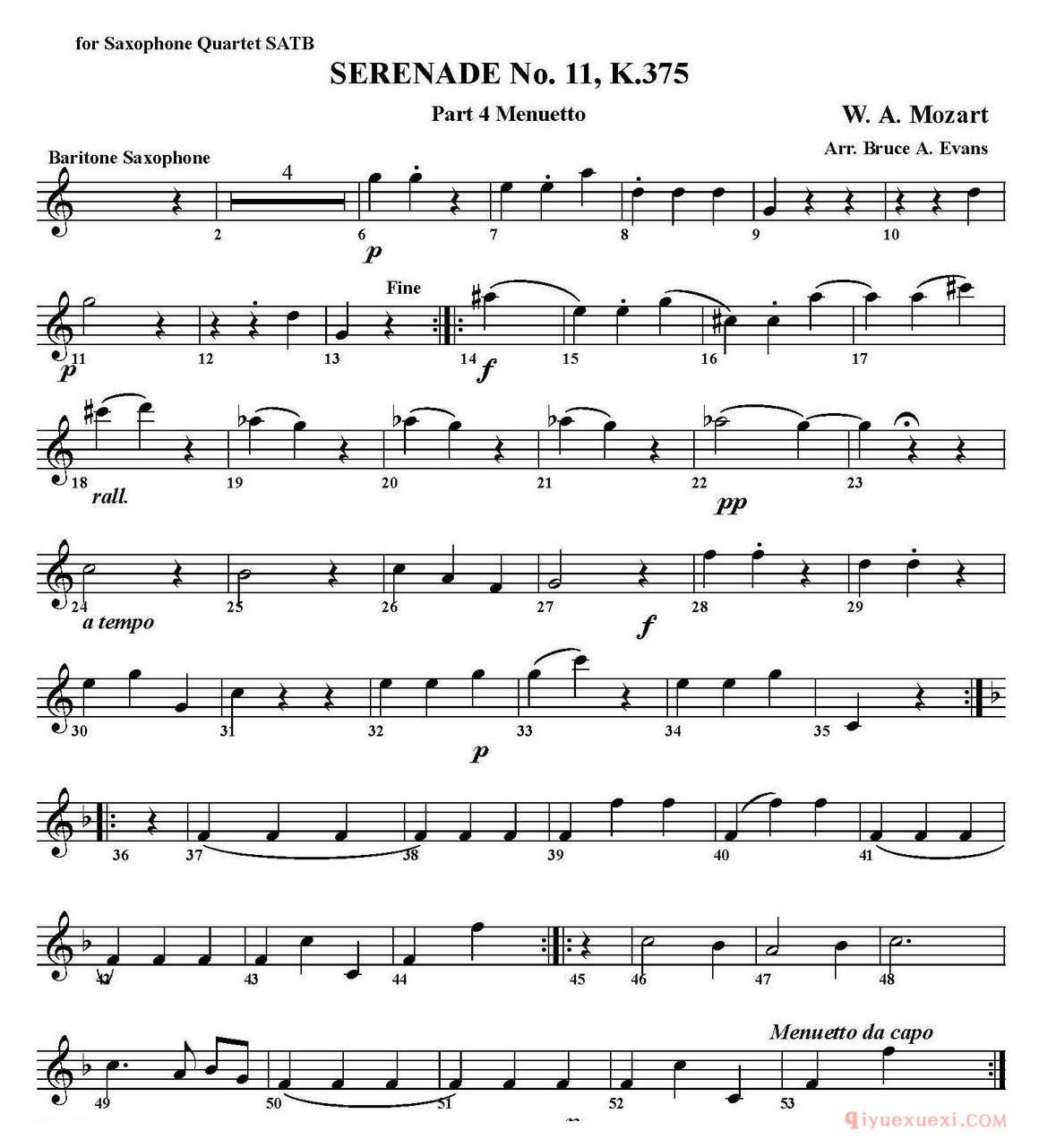 四重奏·上低音萨克斯分谱[SERENADE No.11，K.375 Part 4 Menuetto]