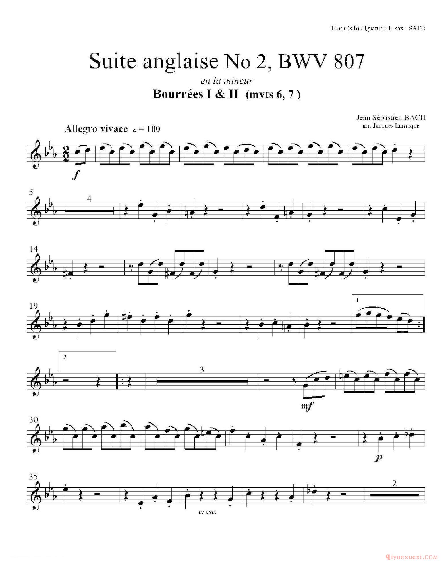 法国组曲之二·布列舞曲[Suite anglaise No 2,BWV 807]次中音萨克斯分谱