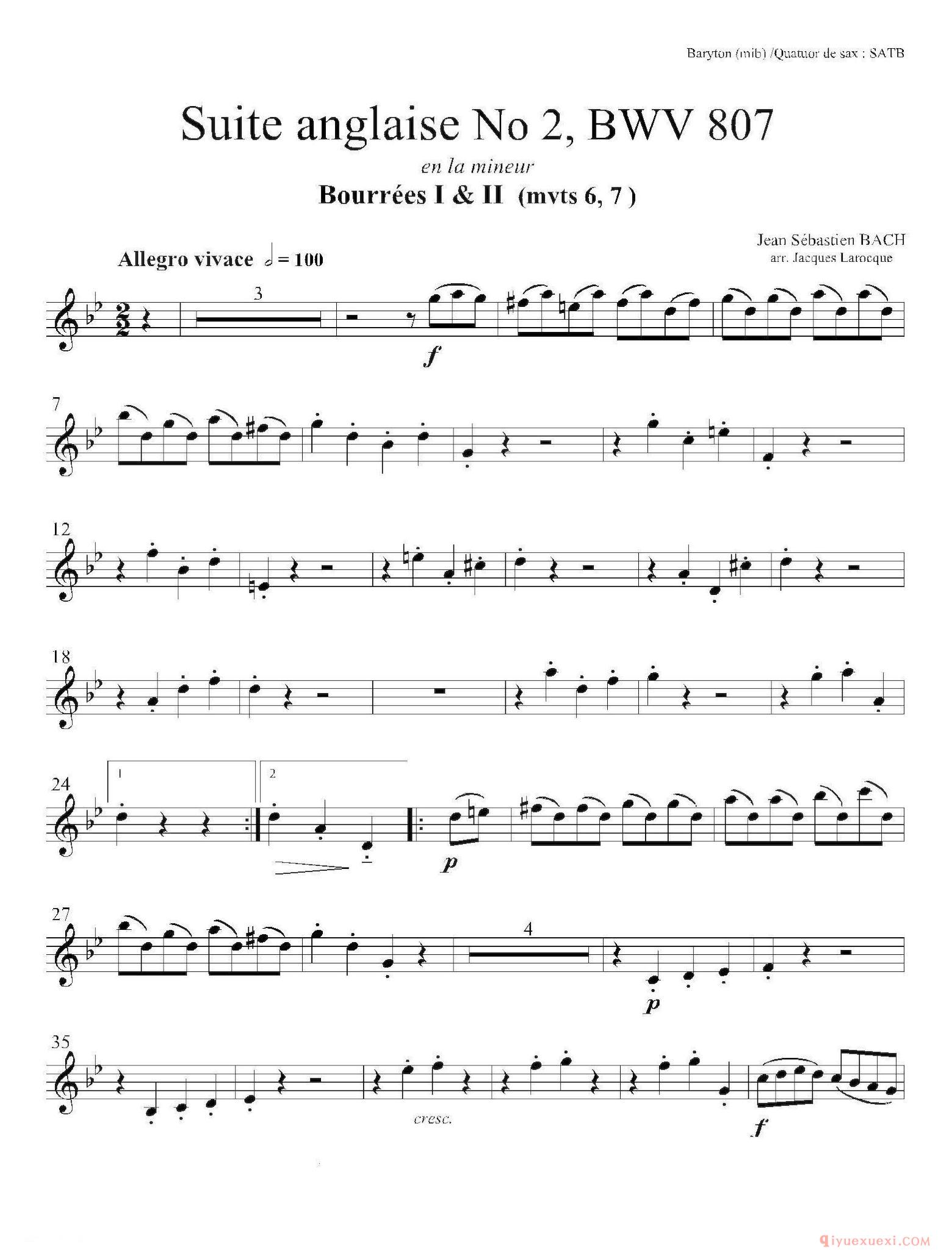 法国组曲之二·布列舞曲[Suite anglaise No 2,BWV 807]上低音萨克斯分谱