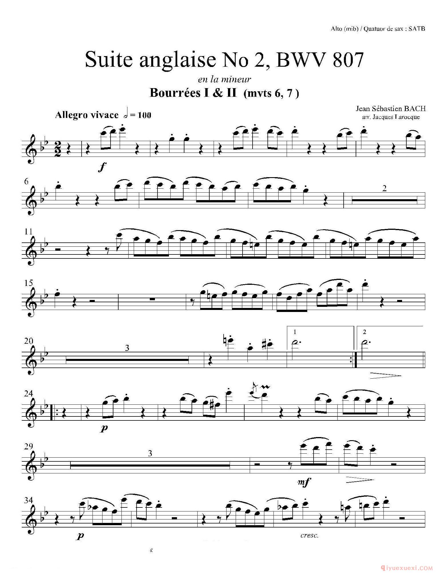 法国组曲之二·布列舞曲[Suite anglaise No 2,BWV 807]中音萨克斯分谱