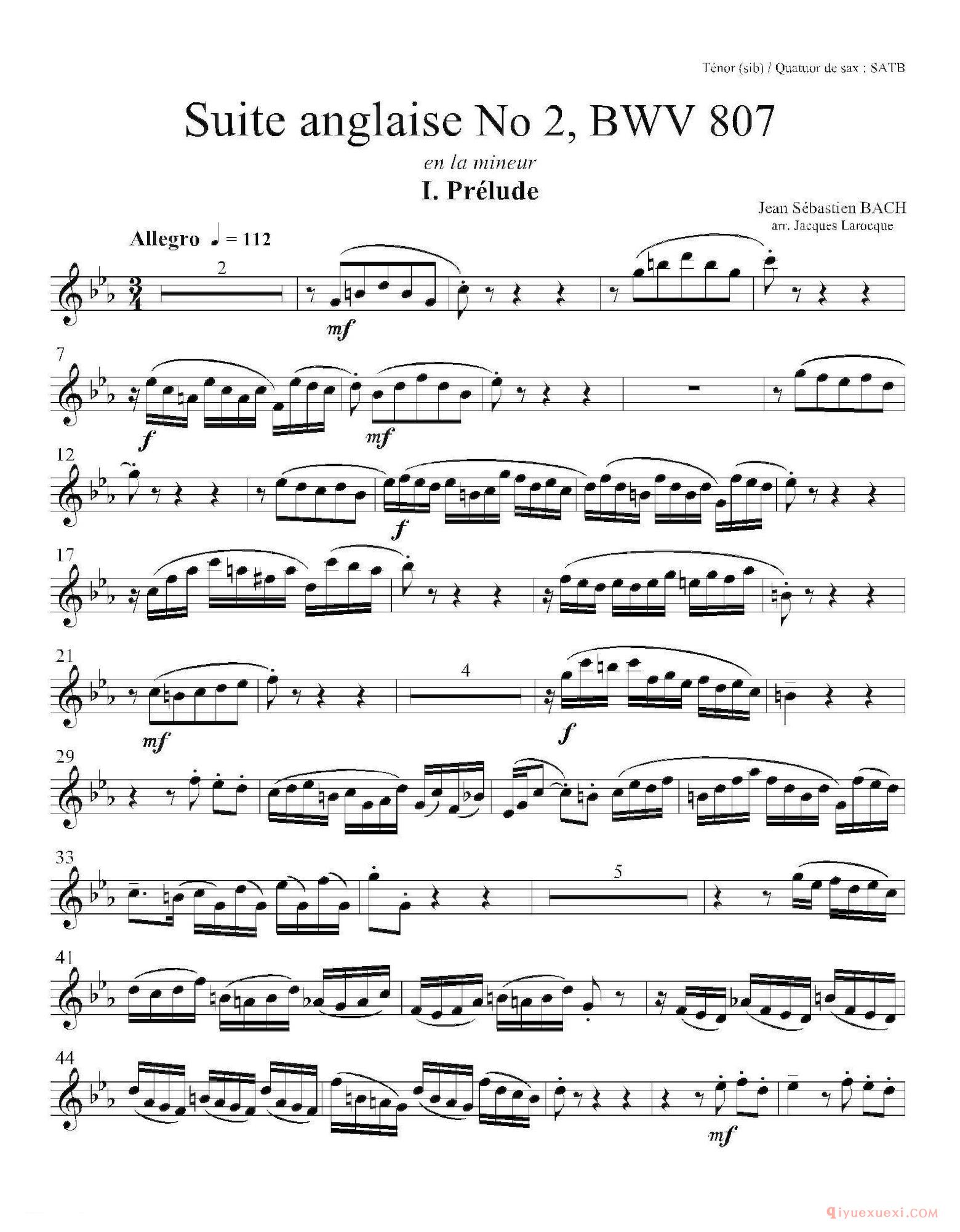 法国组曲之二·前奏曲[Suite anglaise No 2,BWV 807]次中音萨克斯分谱