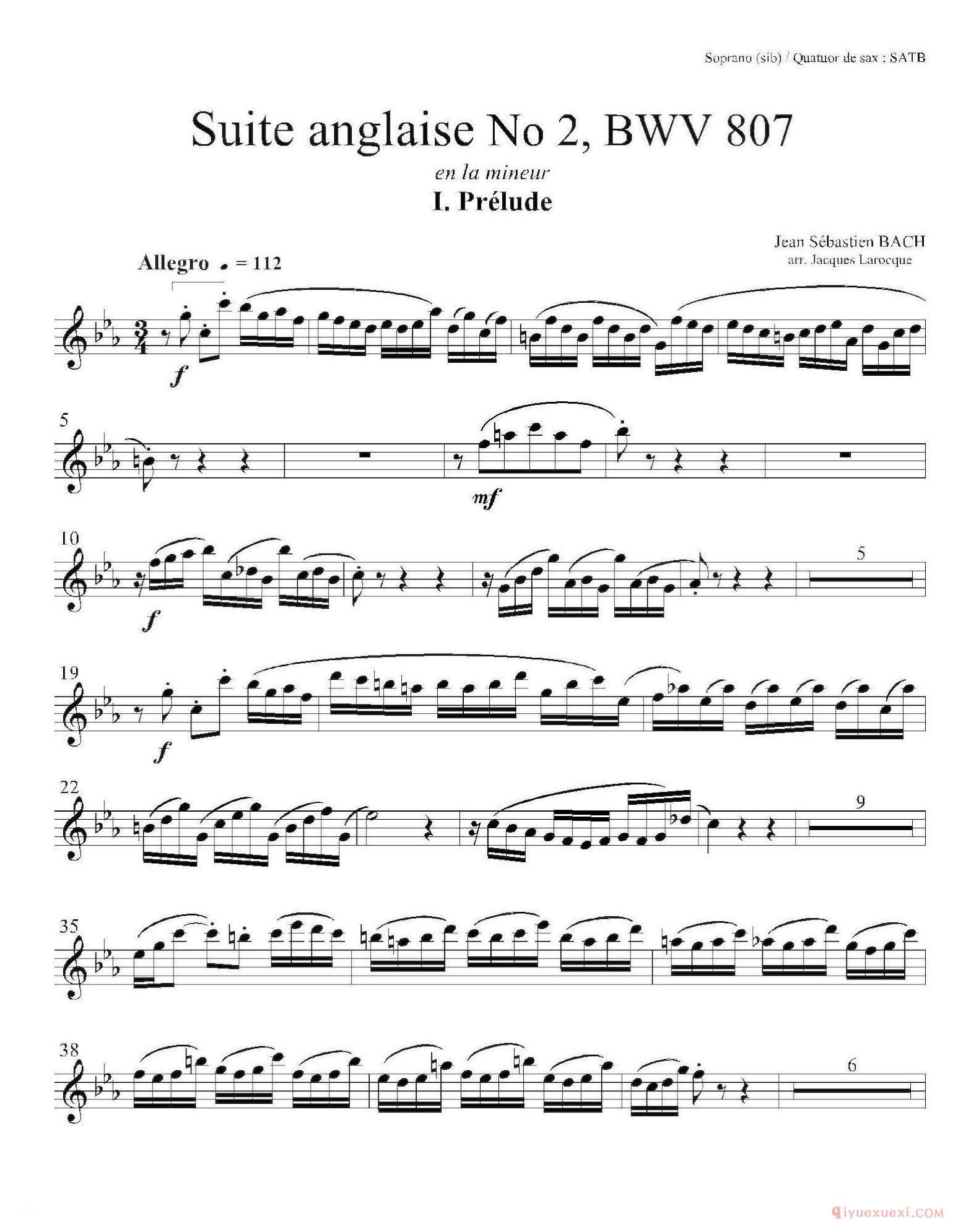 法国组曲之二·前奏曲[Suite anglaise No 2,BWV 807]高音萨克斯分谱