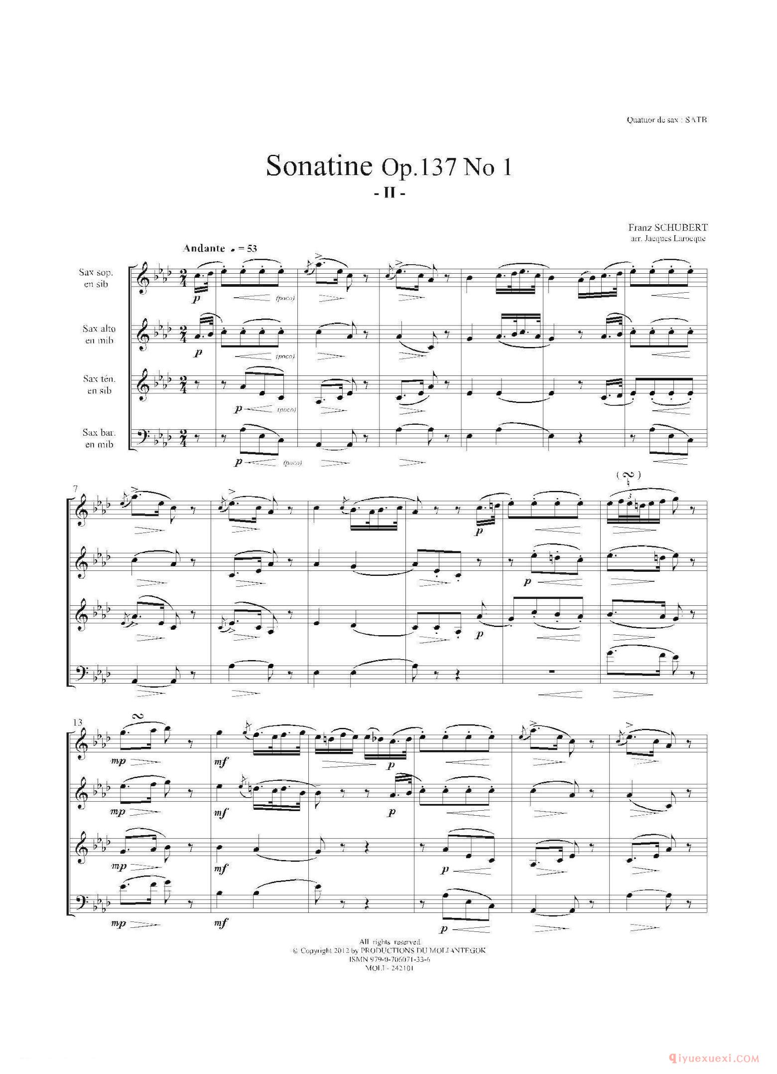 萨克斯谱[Sonatine Op.137 No 1]四重奏总谱