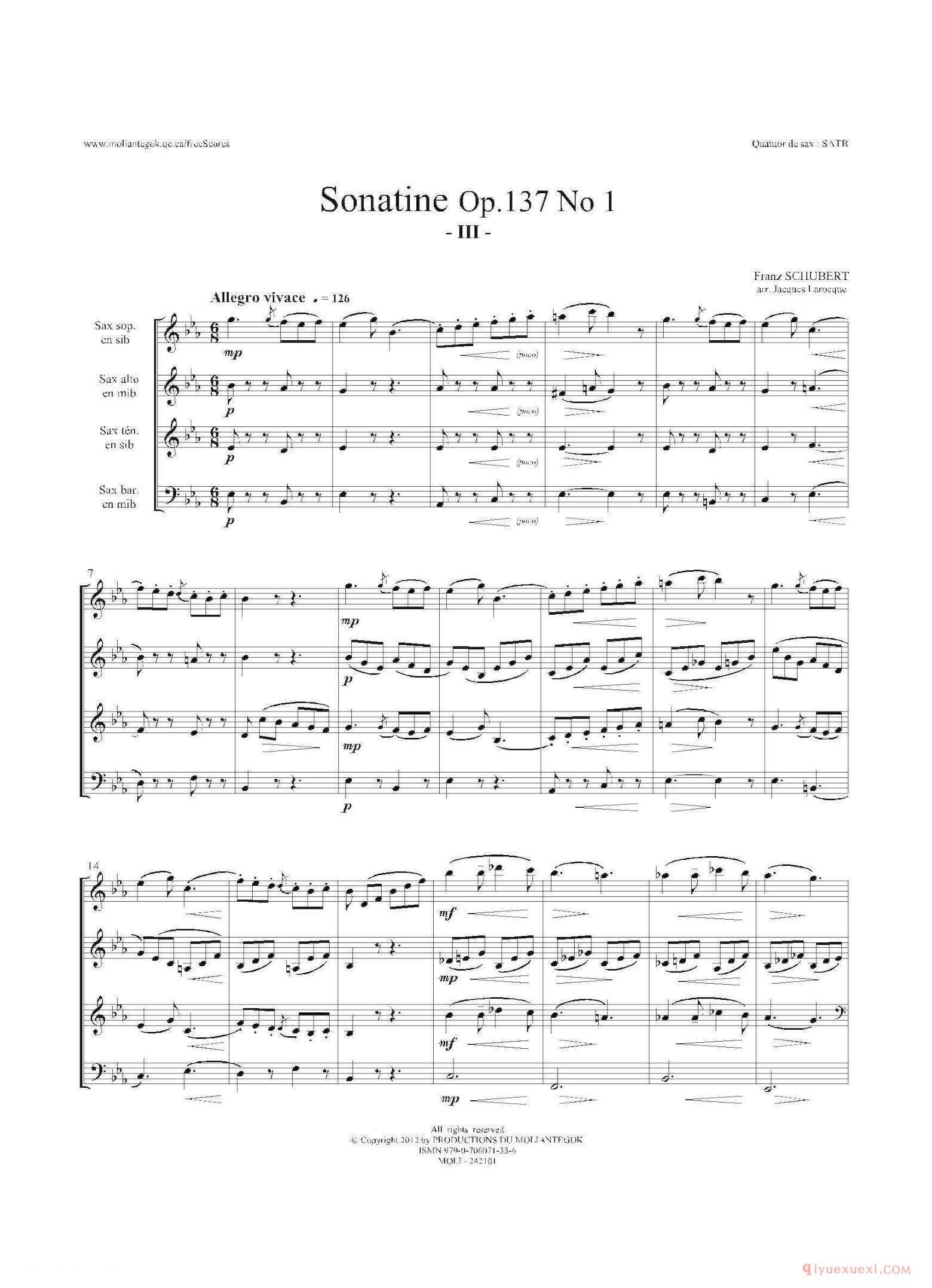 萨克斯谱[Sonatine Op.137 No 1]四重奏总谱