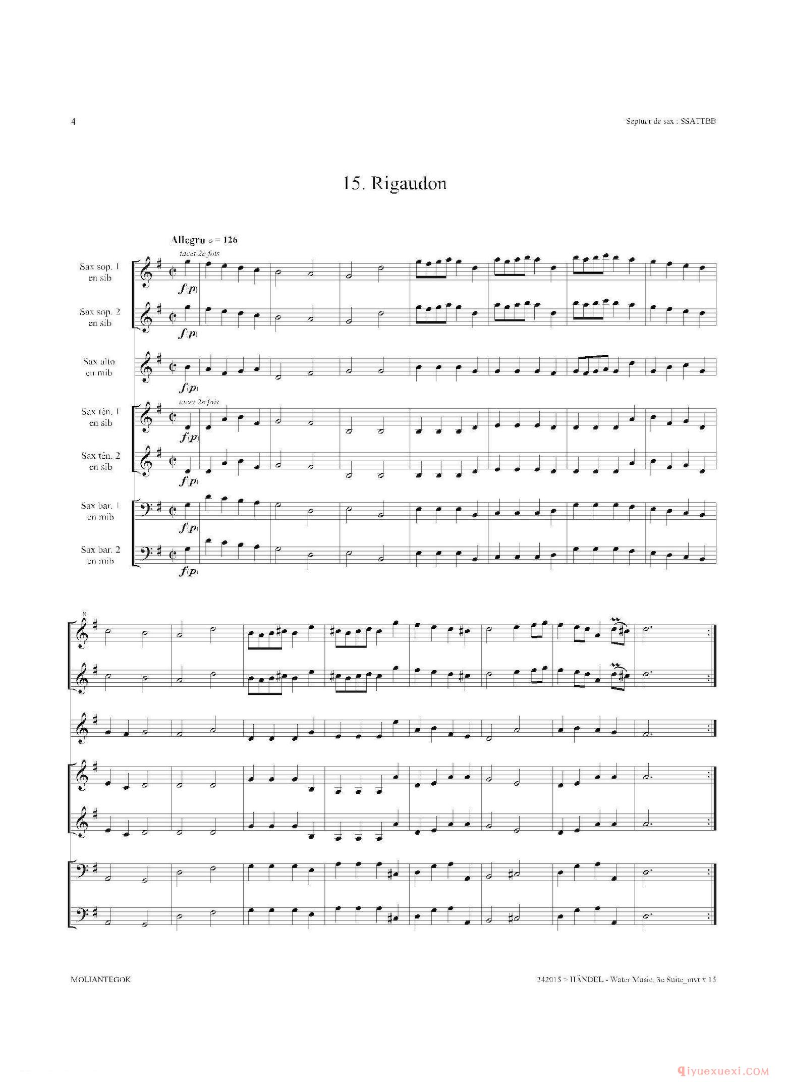 萨克斯合奏总谱[Water Music/HWV.350 No.3]