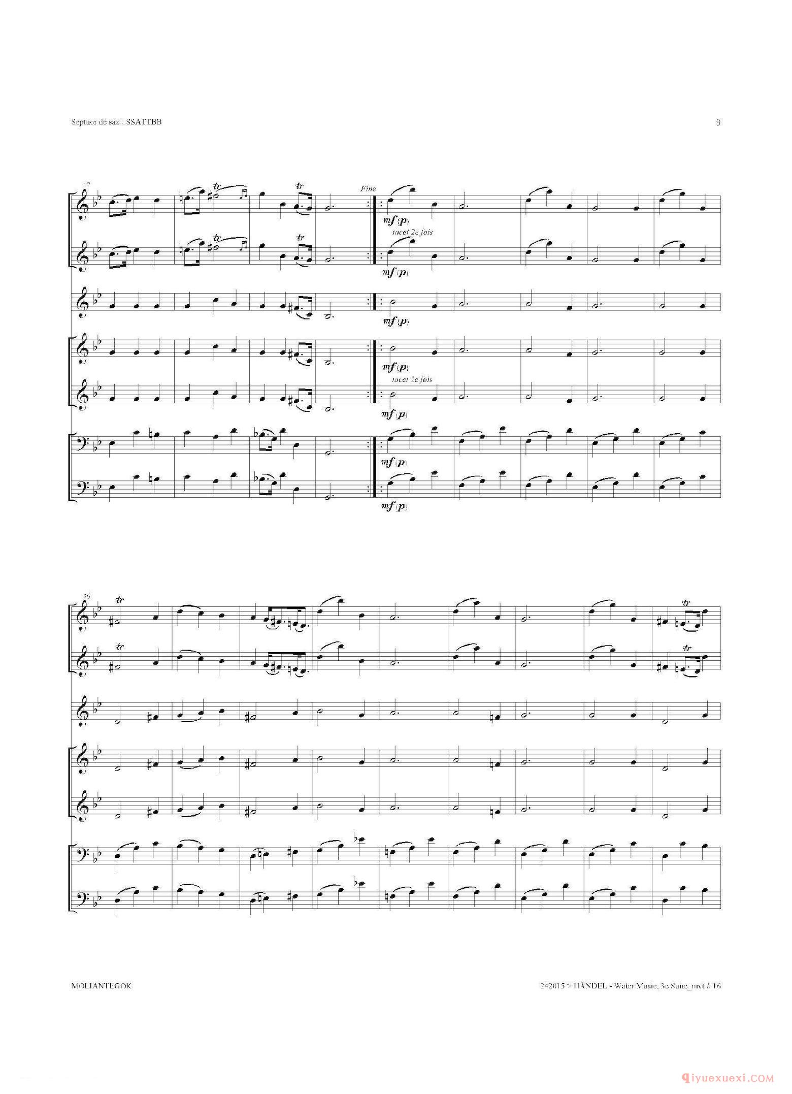 萨克斯合奏总谱[Water Music/HWV.350 No.3]