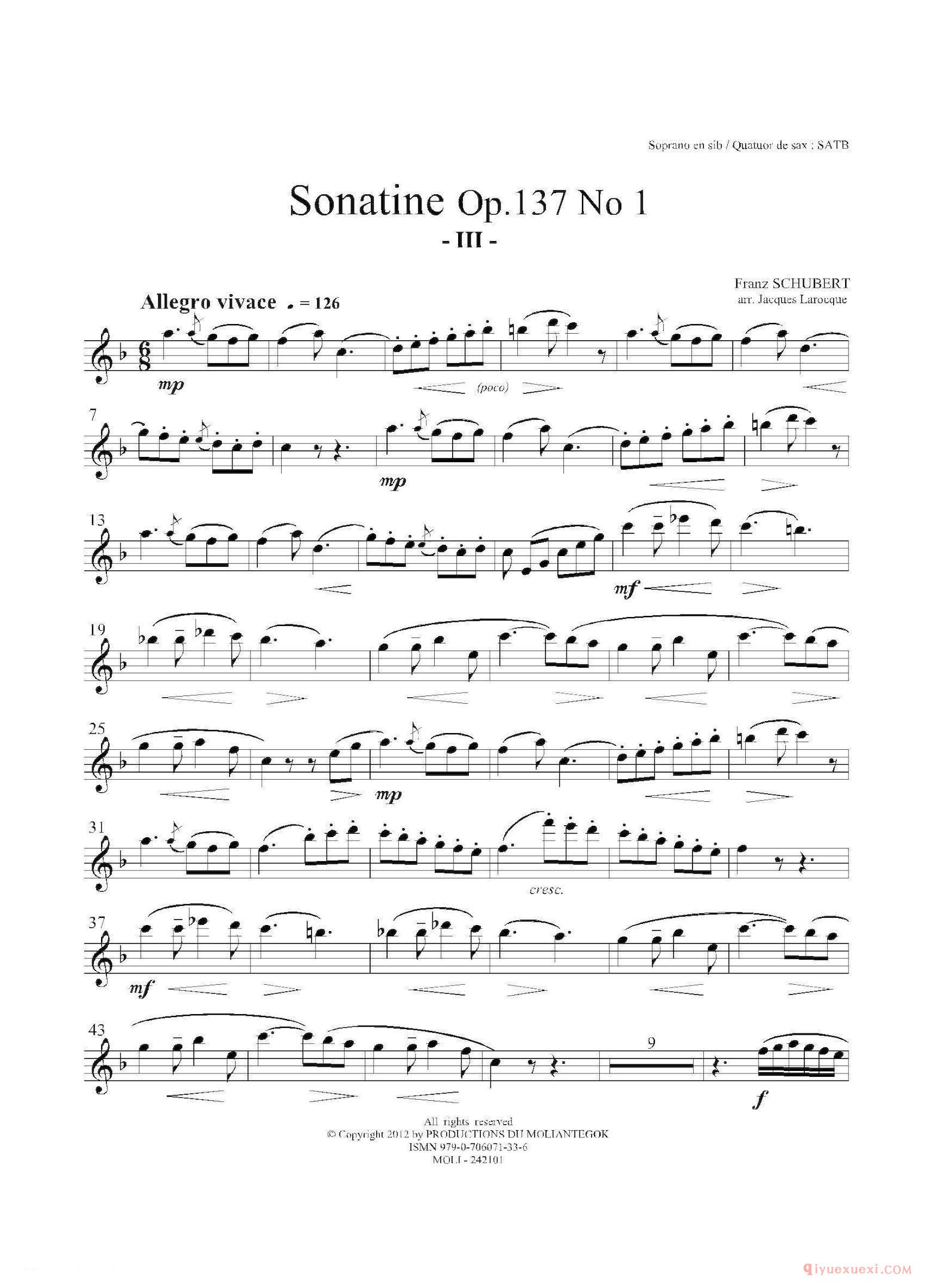 高音萨克斯分谱[Sonatine Op.137 No 1]四重奏