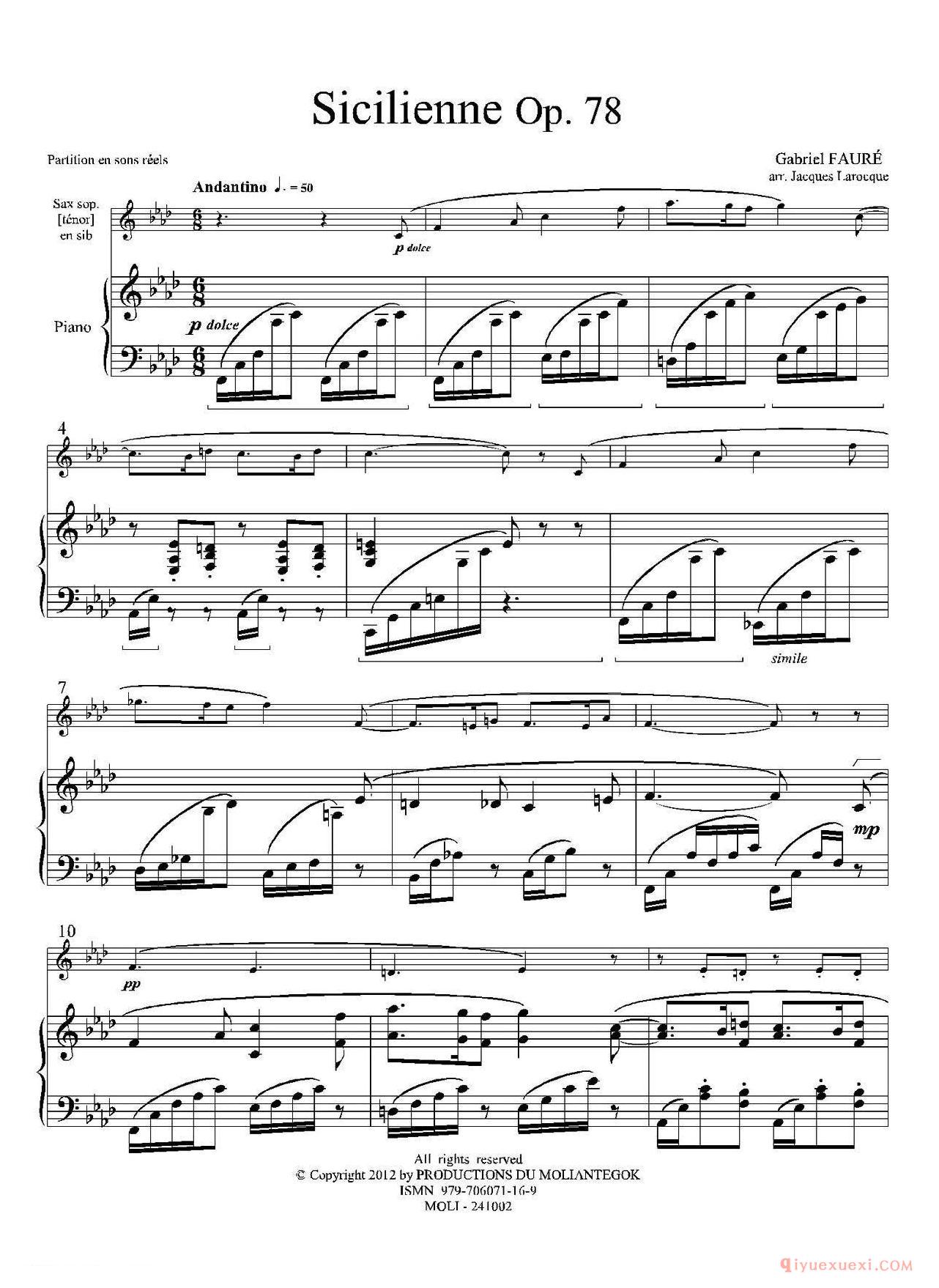 萨克斯谱[西西里舞曲 Op78]高音萨克斯+钢琴伴奏