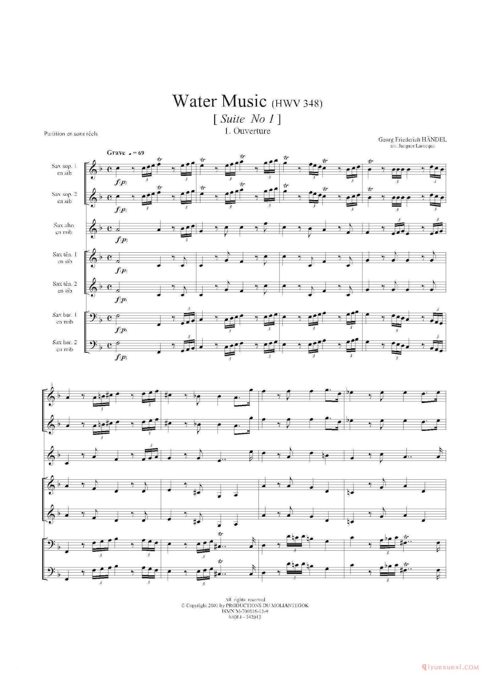 萨克斯合奏总谱[Water Music（HWV.348 No.1]
