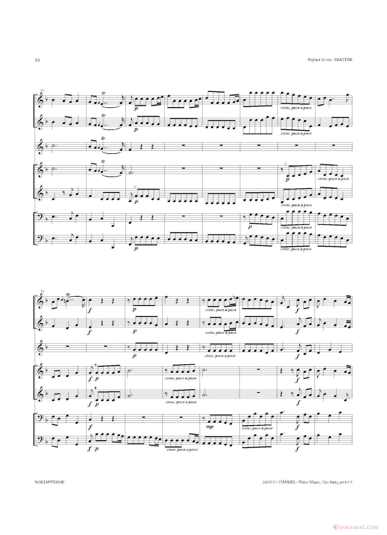 萨克斯合奏总谱[Water Music（HWV.348 No.1]