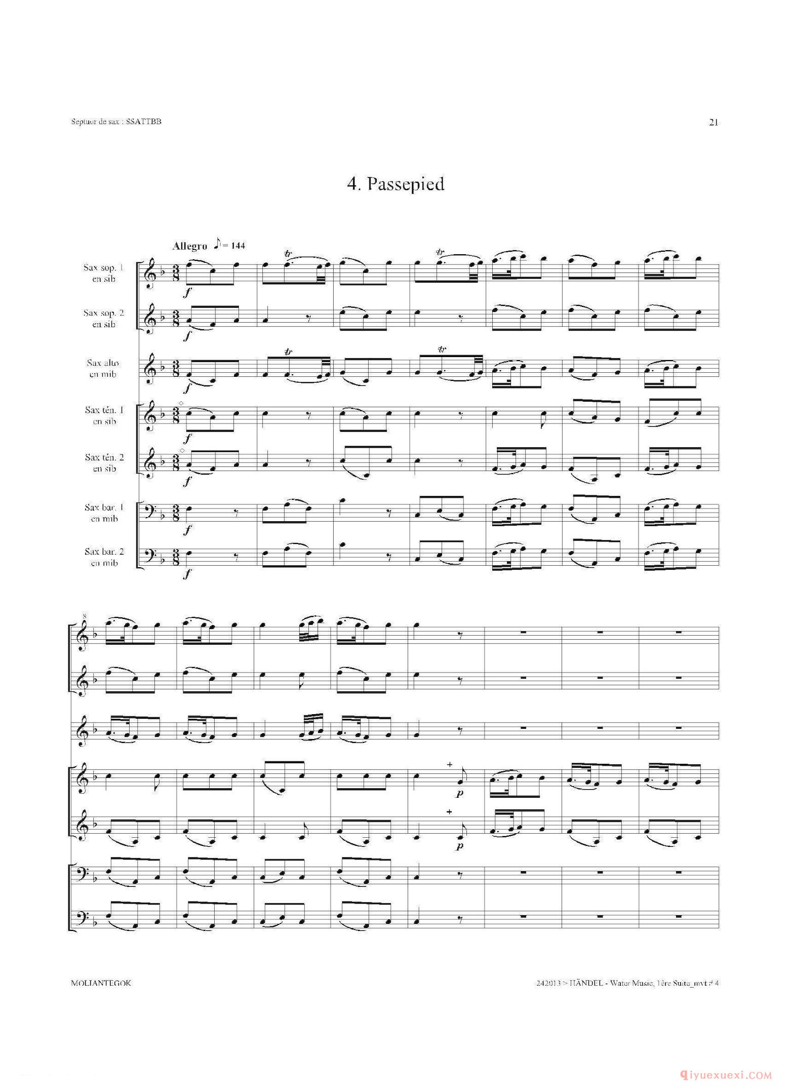 萨克斯合奏总谱[Water Music（HWV.348 No.1]