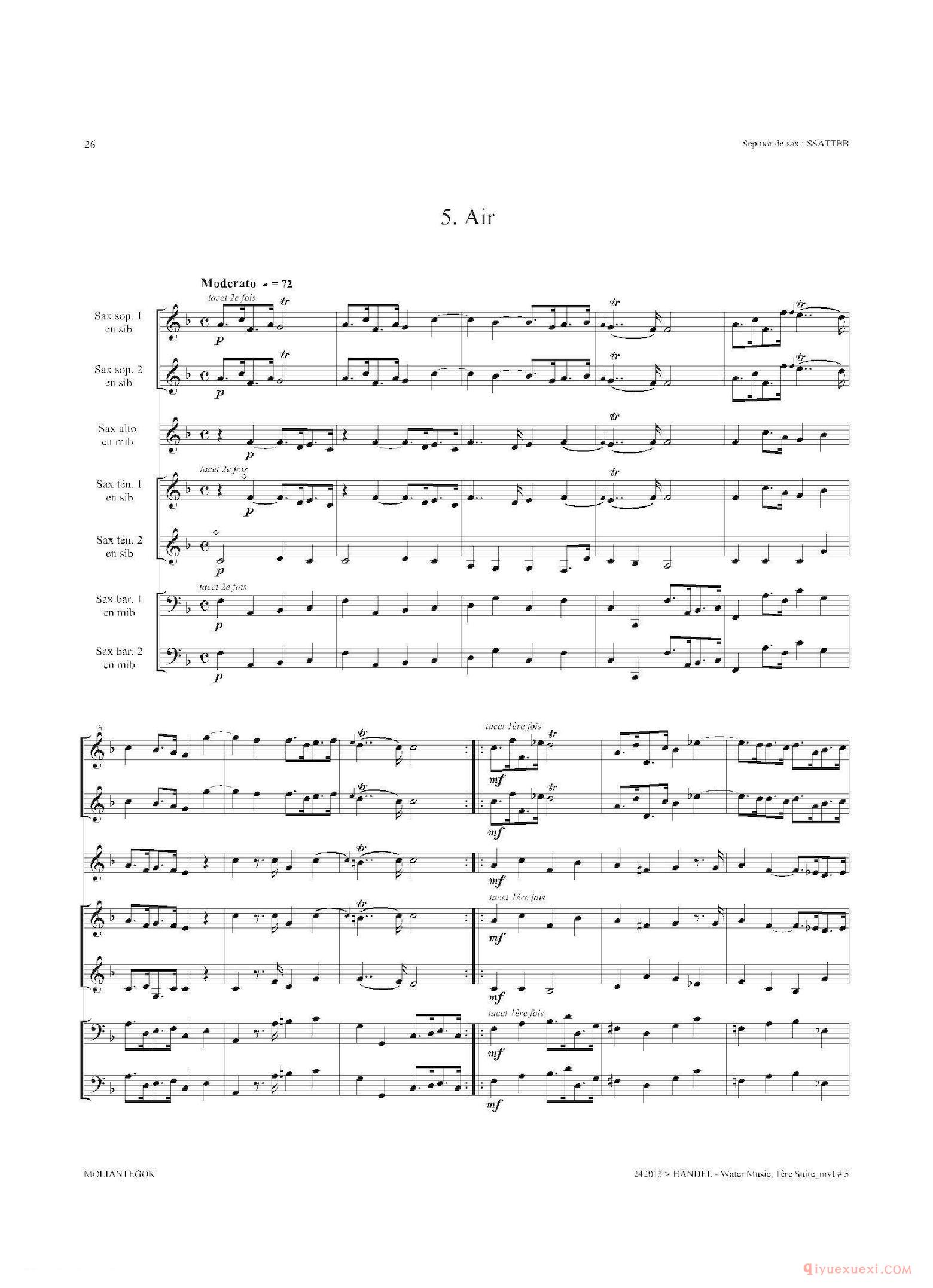 萨克斯合奏总谱[Water Music（HWV.348 No.1]