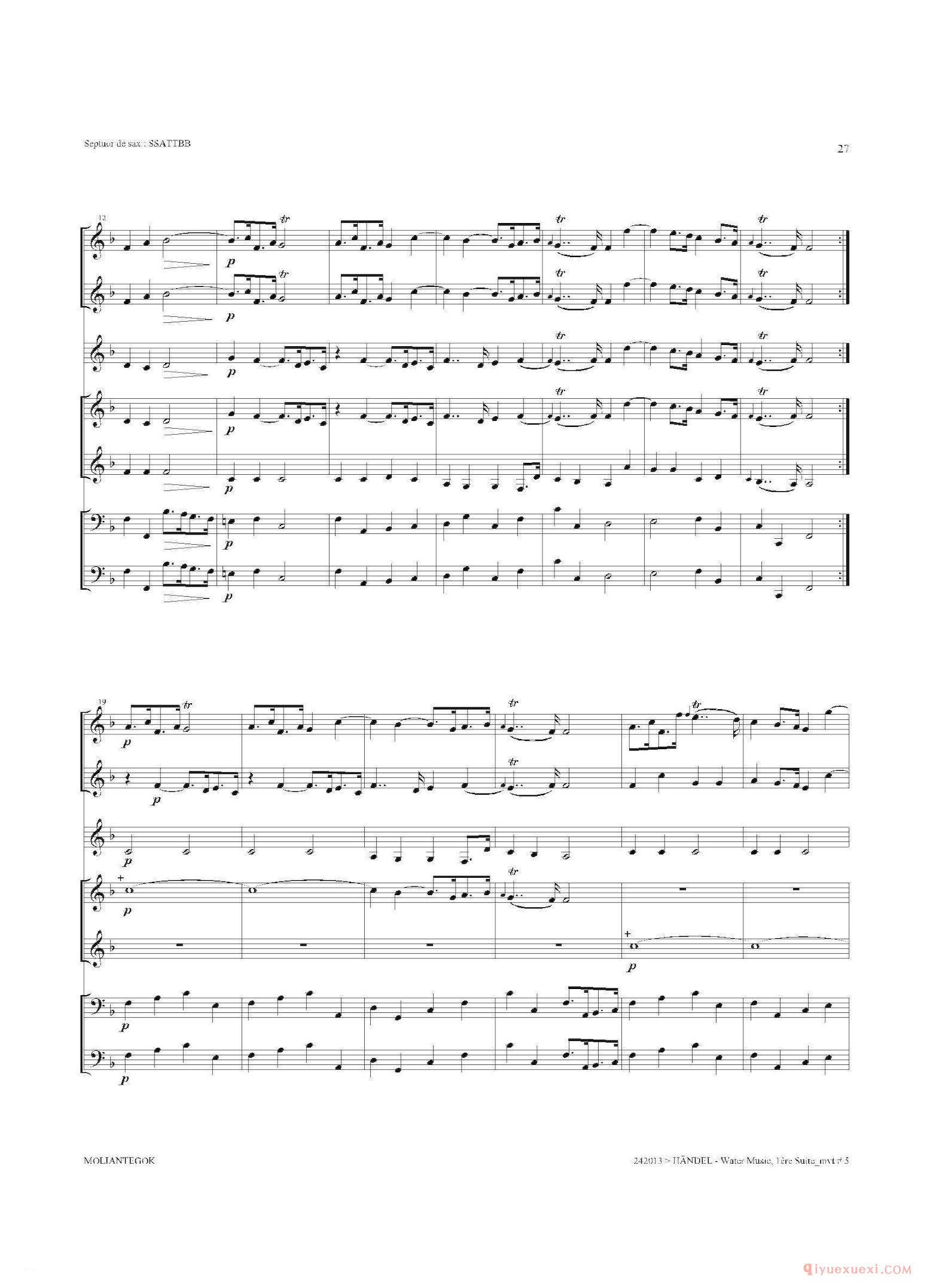 萨克斯合奏总谱[Water Music（HWV.348 No.1]