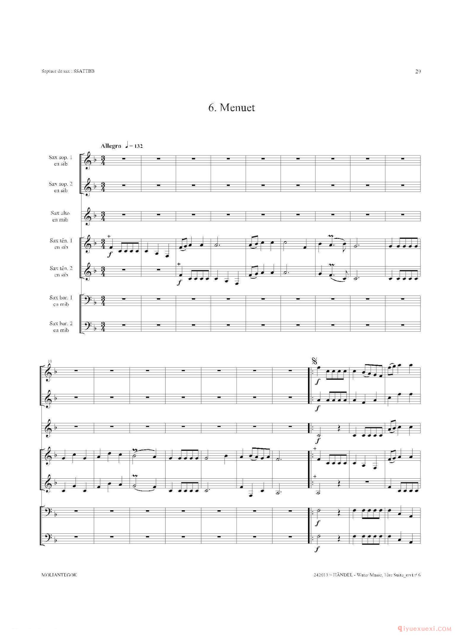 萨克斯合奏总谱[Water Music（HWV.348 No.1]