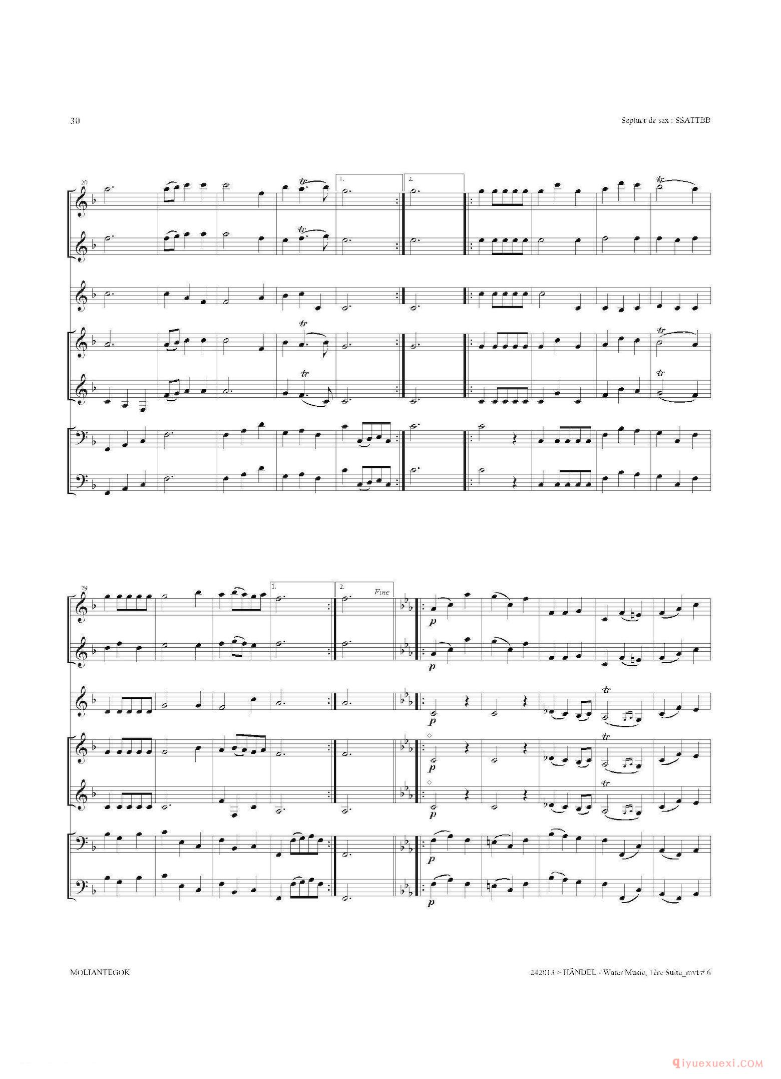 萨克斯合奏总谱[Water Music（HWV.348 No.1]