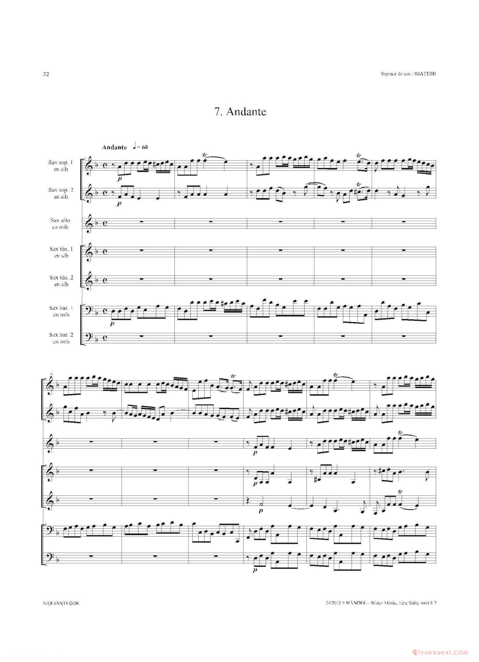 萨克斯合奏总谱[Water Music（HWV.348 No.1]