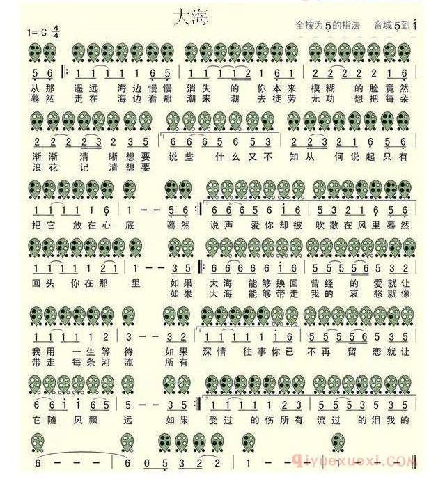 6孔陶笛乐谱《大海》
