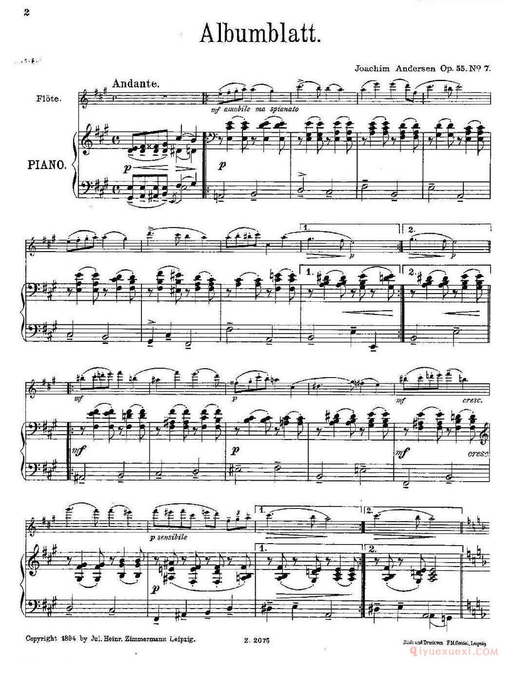 长笛谱网[Albumblatt/Op.55 No.7/长笛+钢琴伴奏]五线谱
