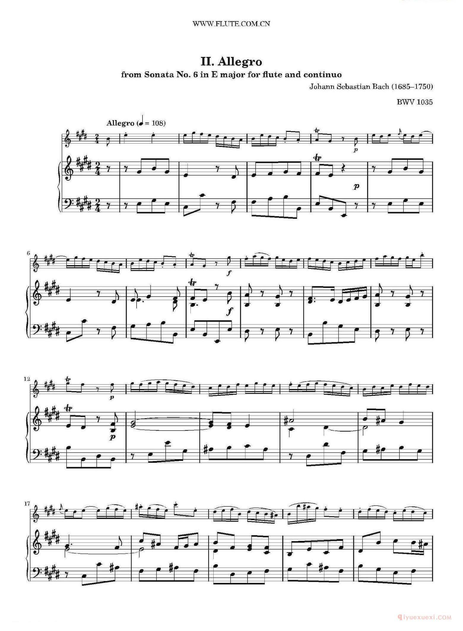 长笛谱网[Allegro/BWV1035]五线谱