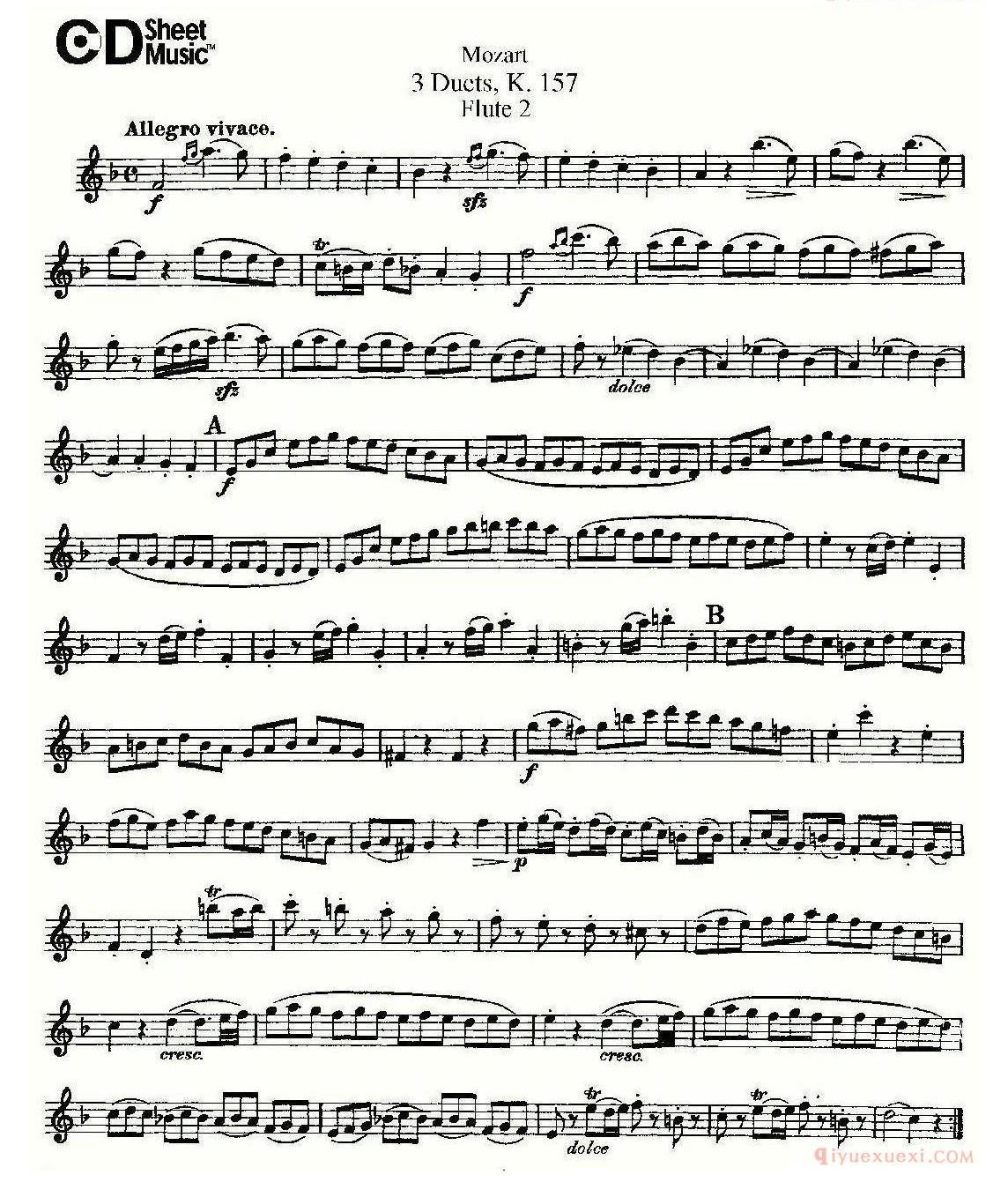 长笛谱子[3 Duets K.157 之第二长笛/二重奏三首 K157号]五线谱
