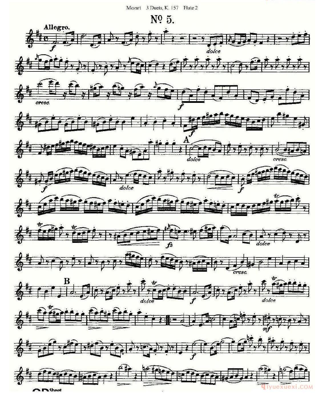 长笛谱子[3 Duets K.157 之第二长笛/二重奏三首 K157号]五线谱